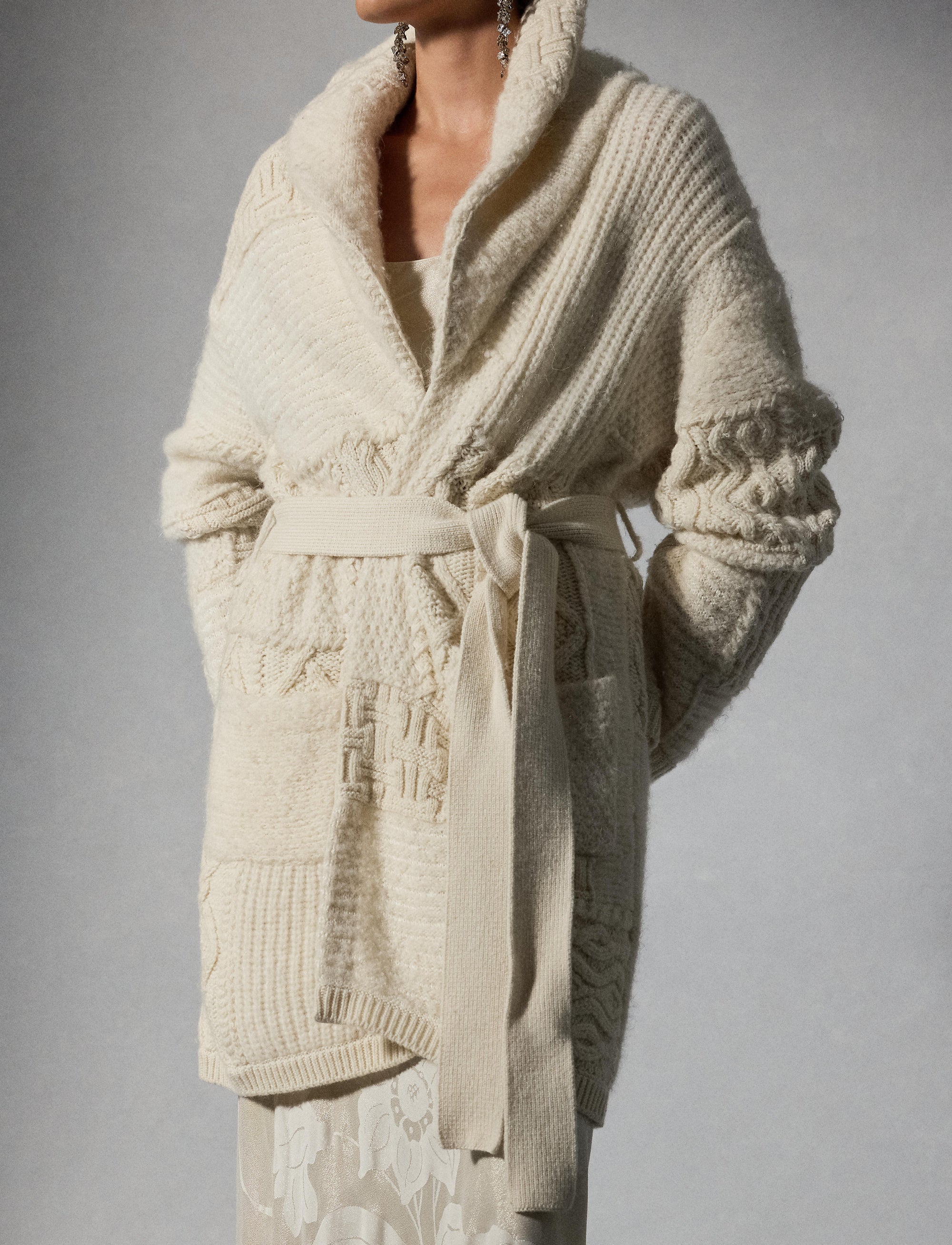 Wool cashmere blend patchwork cardigan with shawl collar - Classic Cream