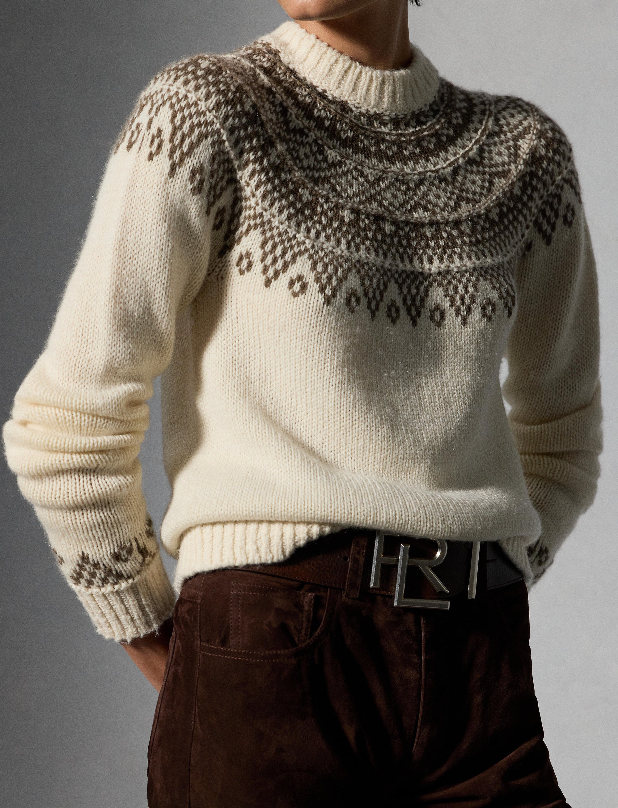 Pull tricoté main en cachemire mélangé - Classic Cream & Taupe