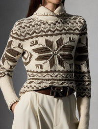 Pull col châle tricoté main en cachemire - Classic Cream & Taupe