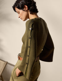 Pull côtelé boutonné en laine et soie - Moss