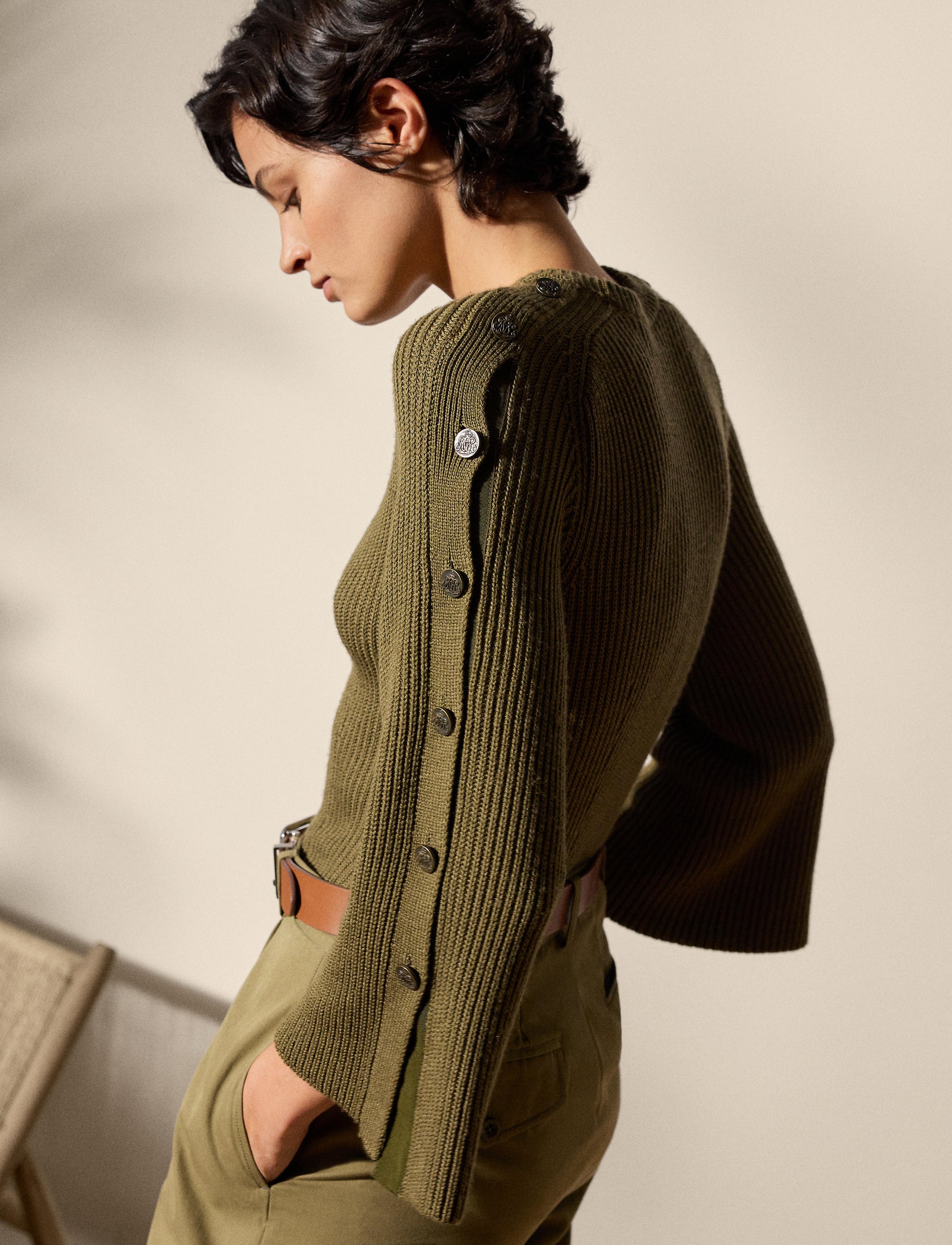 Pull côtelé boutonné en laine et soie - Moss
