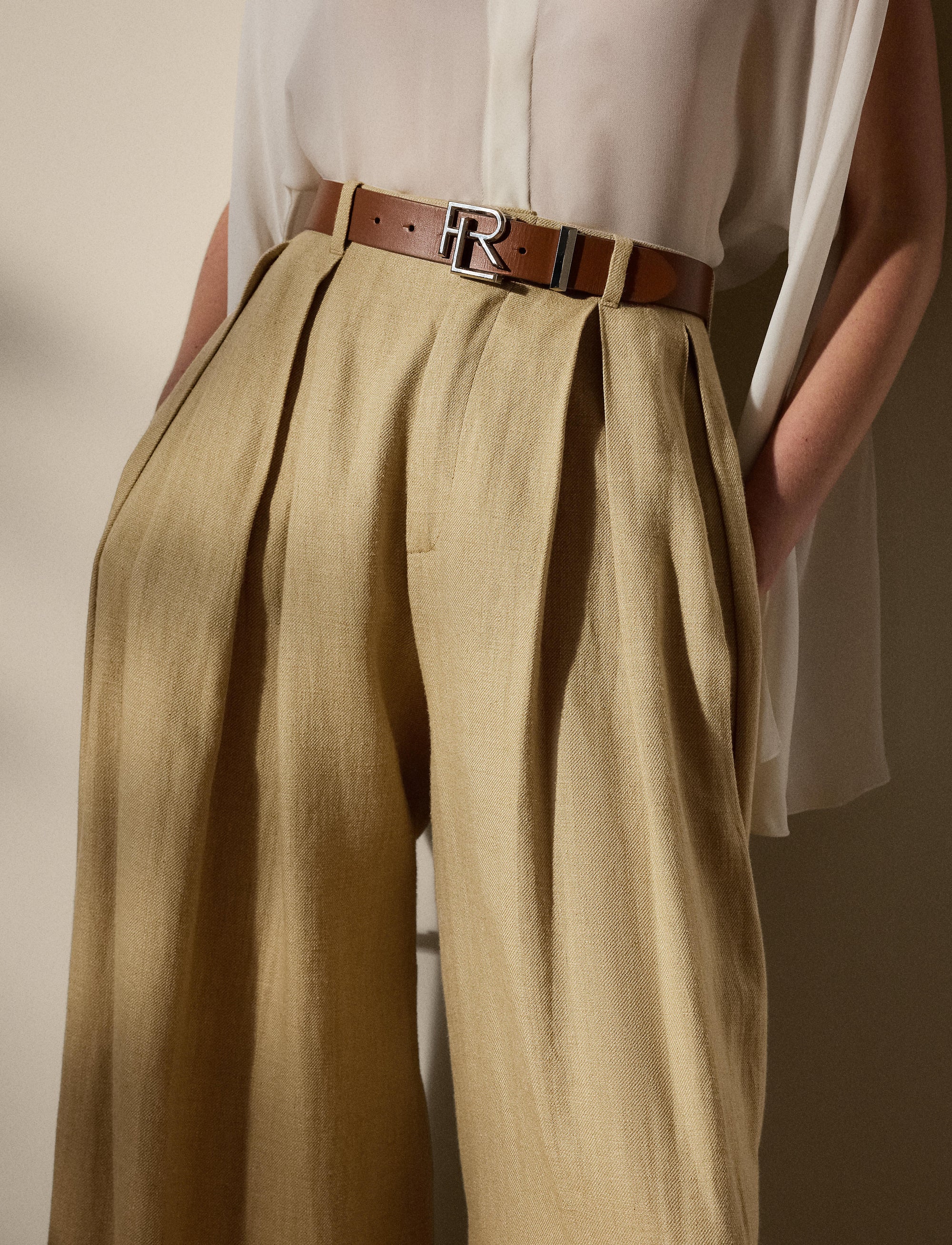Greer silk twill and linen blend trousers with darts - Lux Tan