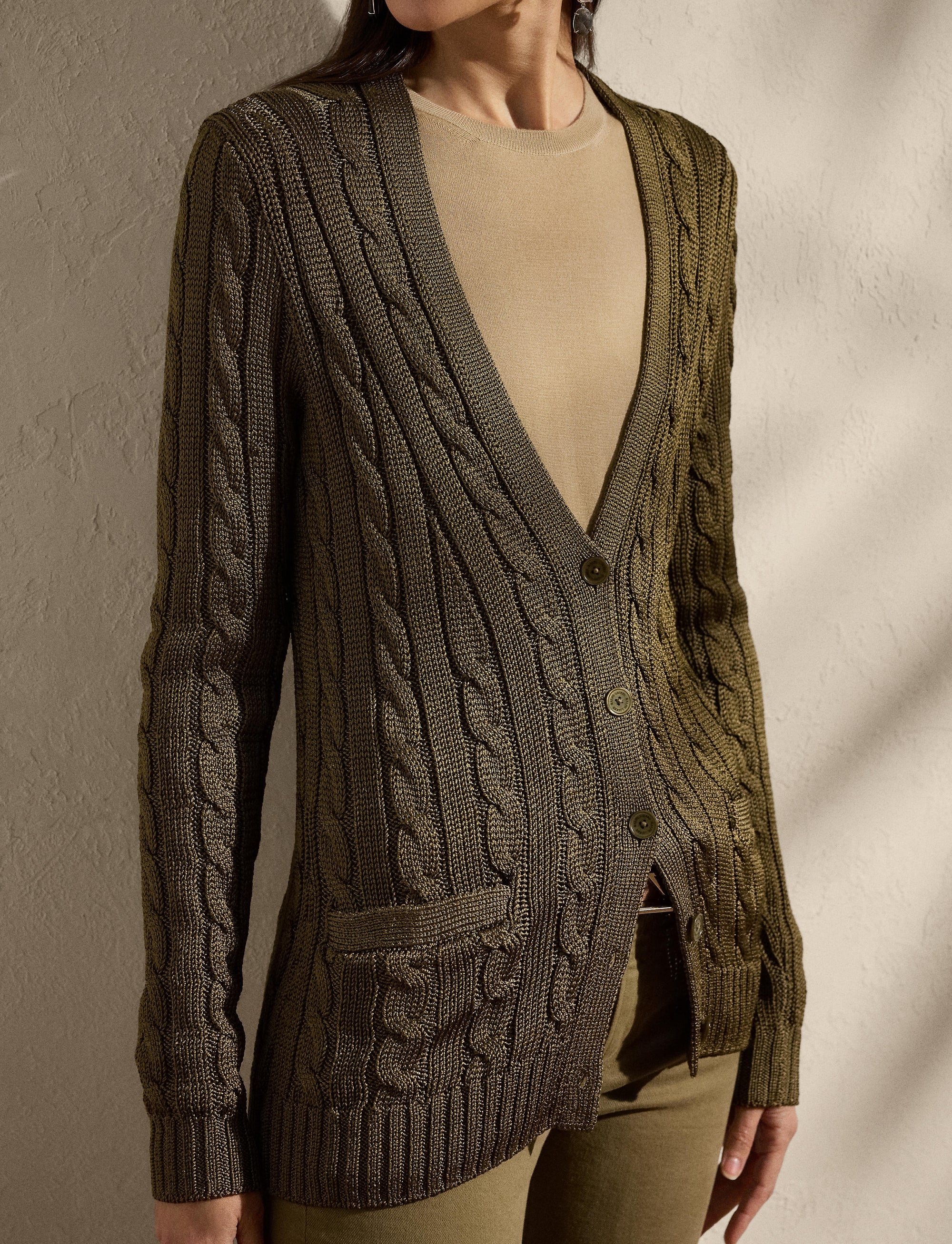 Pull cardigan torsadé en soie - Moss