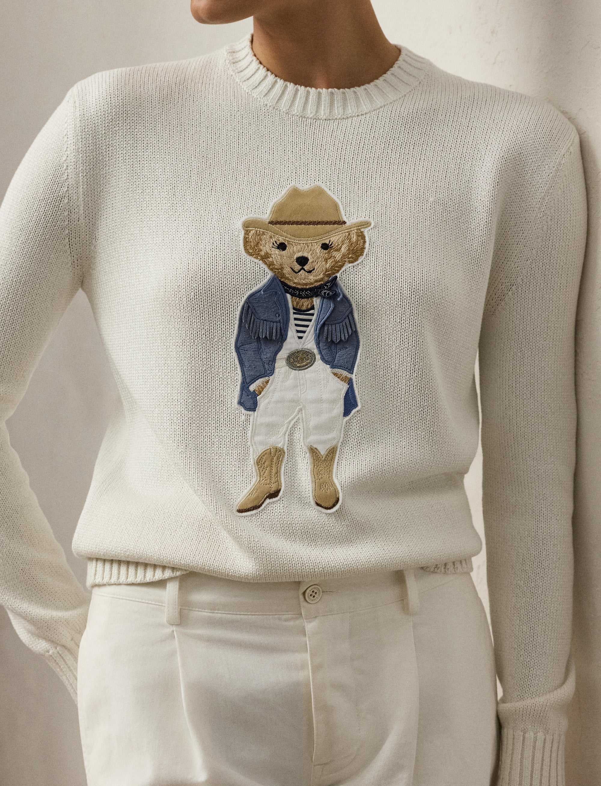 Hamptons Spring Polo Bear jumper in silk - Cream