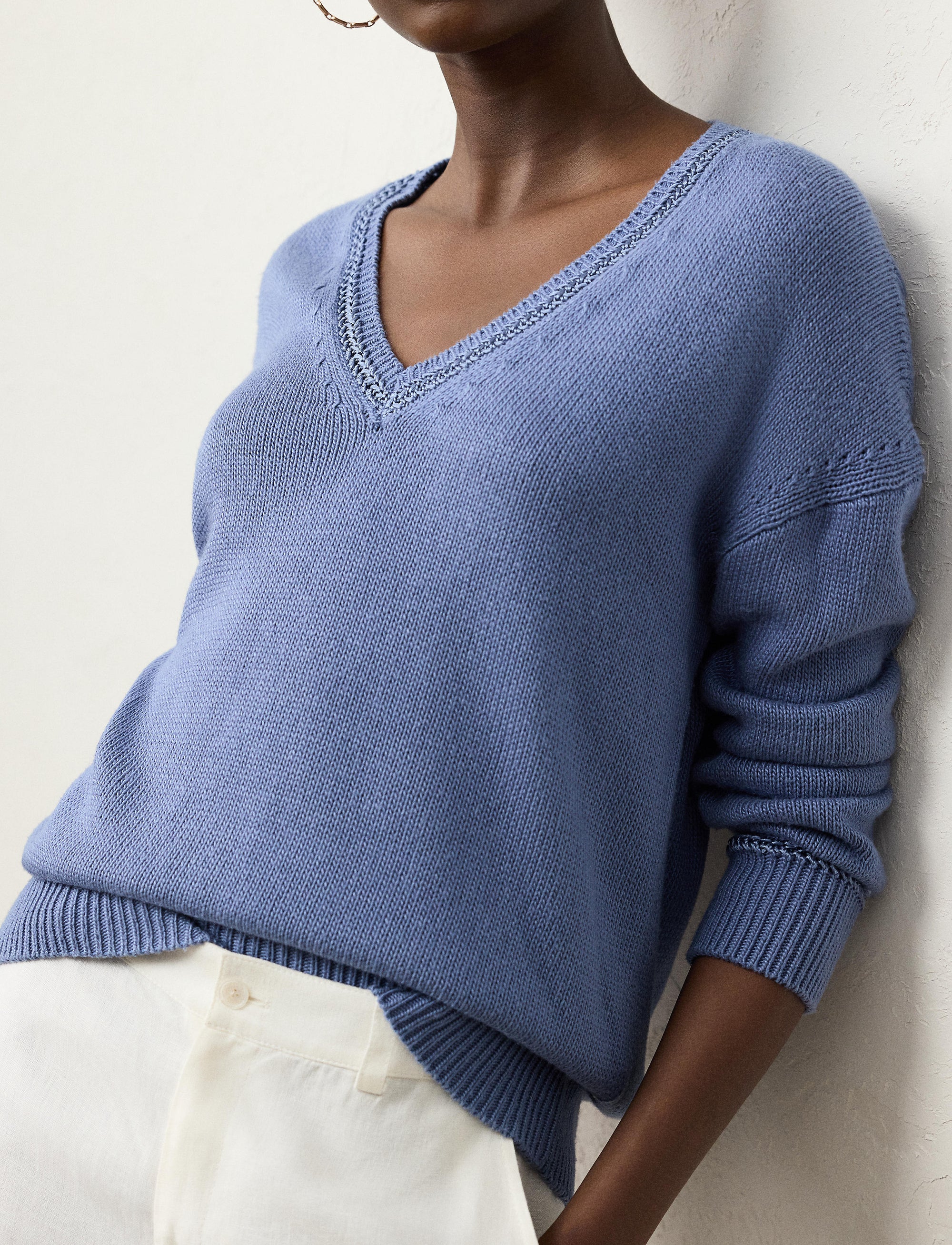 Pull col V en jersey de soie - Cornflower
