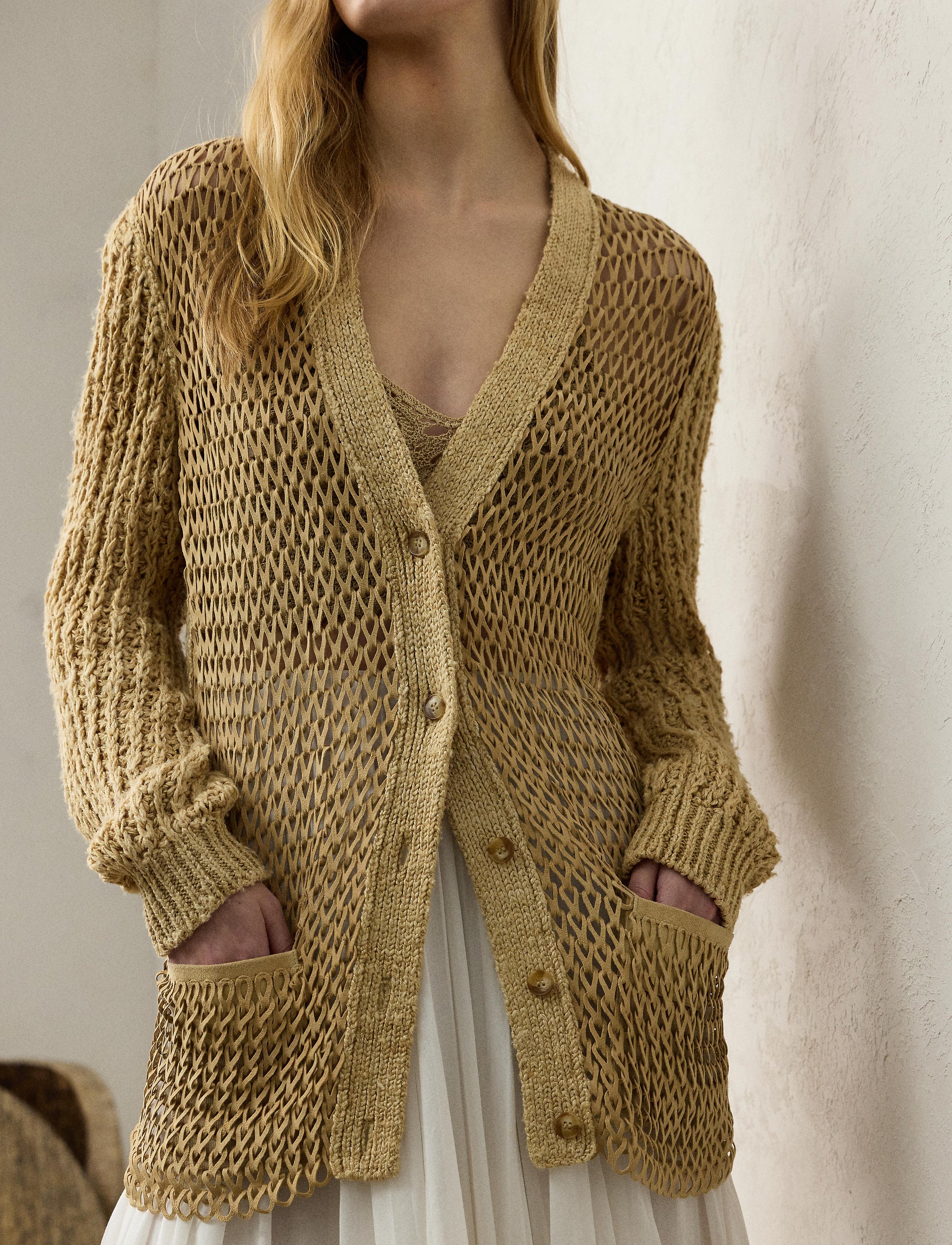 Cardigan hybride en soie et daim - Light Sand