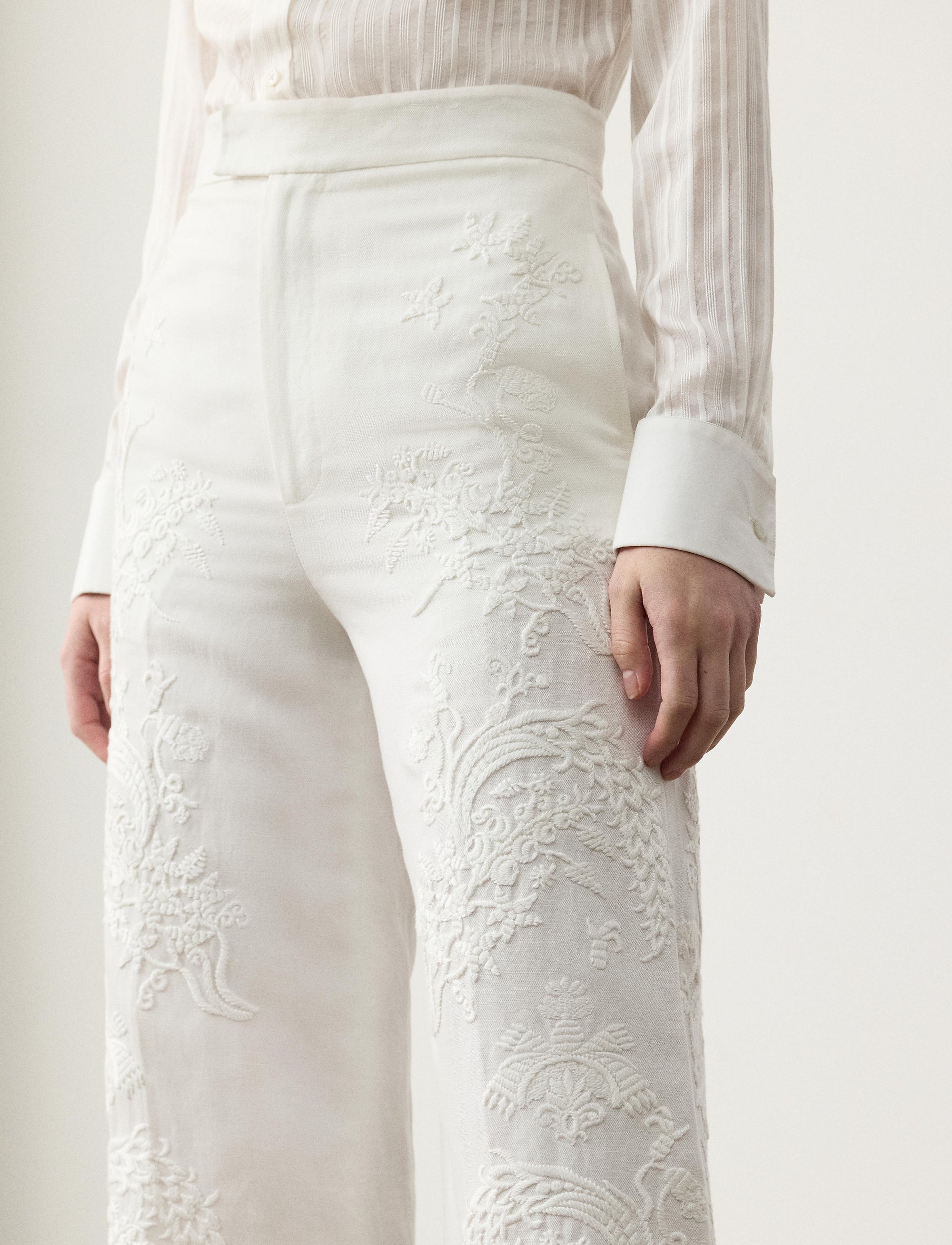 Dean embroidered trousers in micro-piqué - Cream