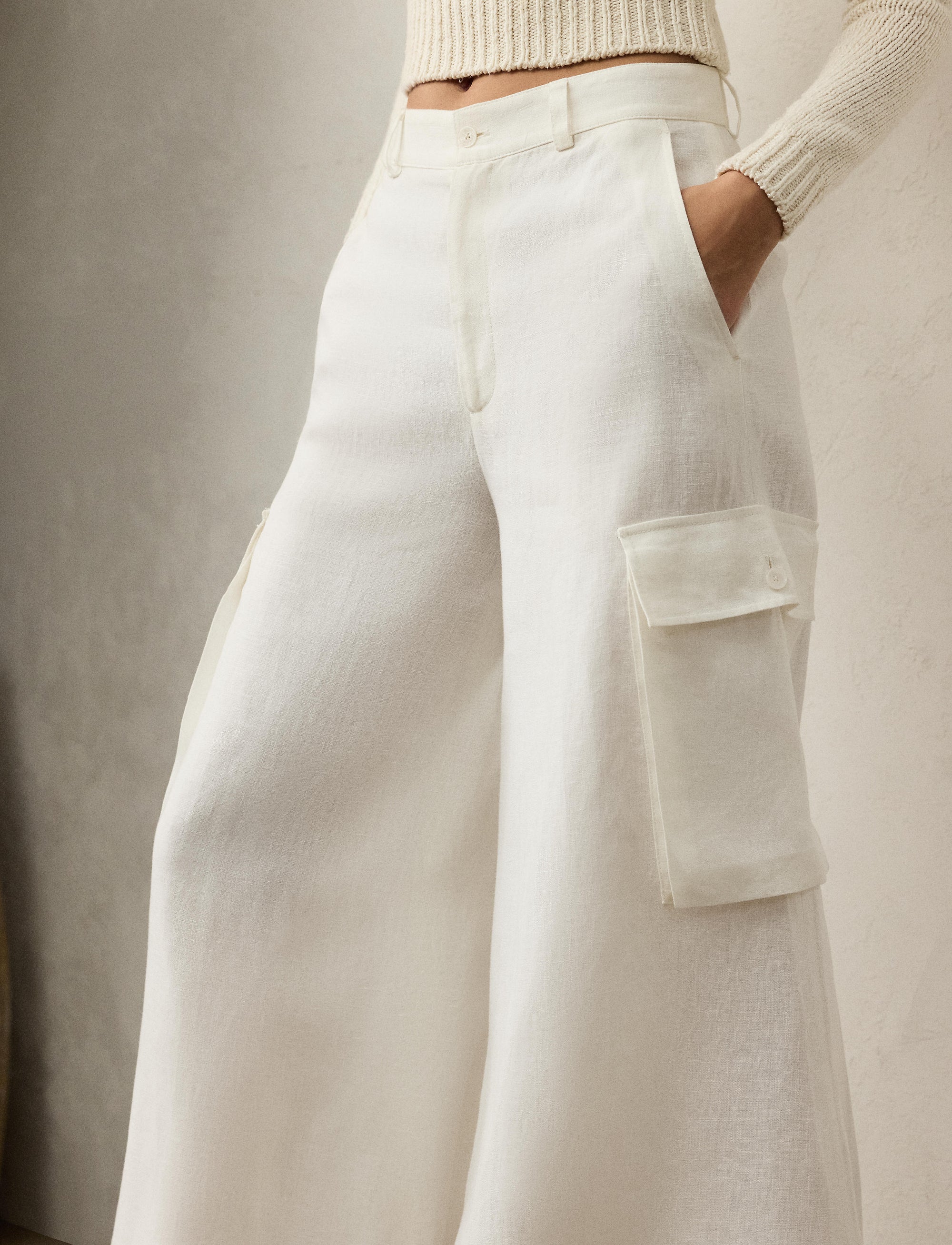 Pantalon cargo jambe large Carry en lin - Cream