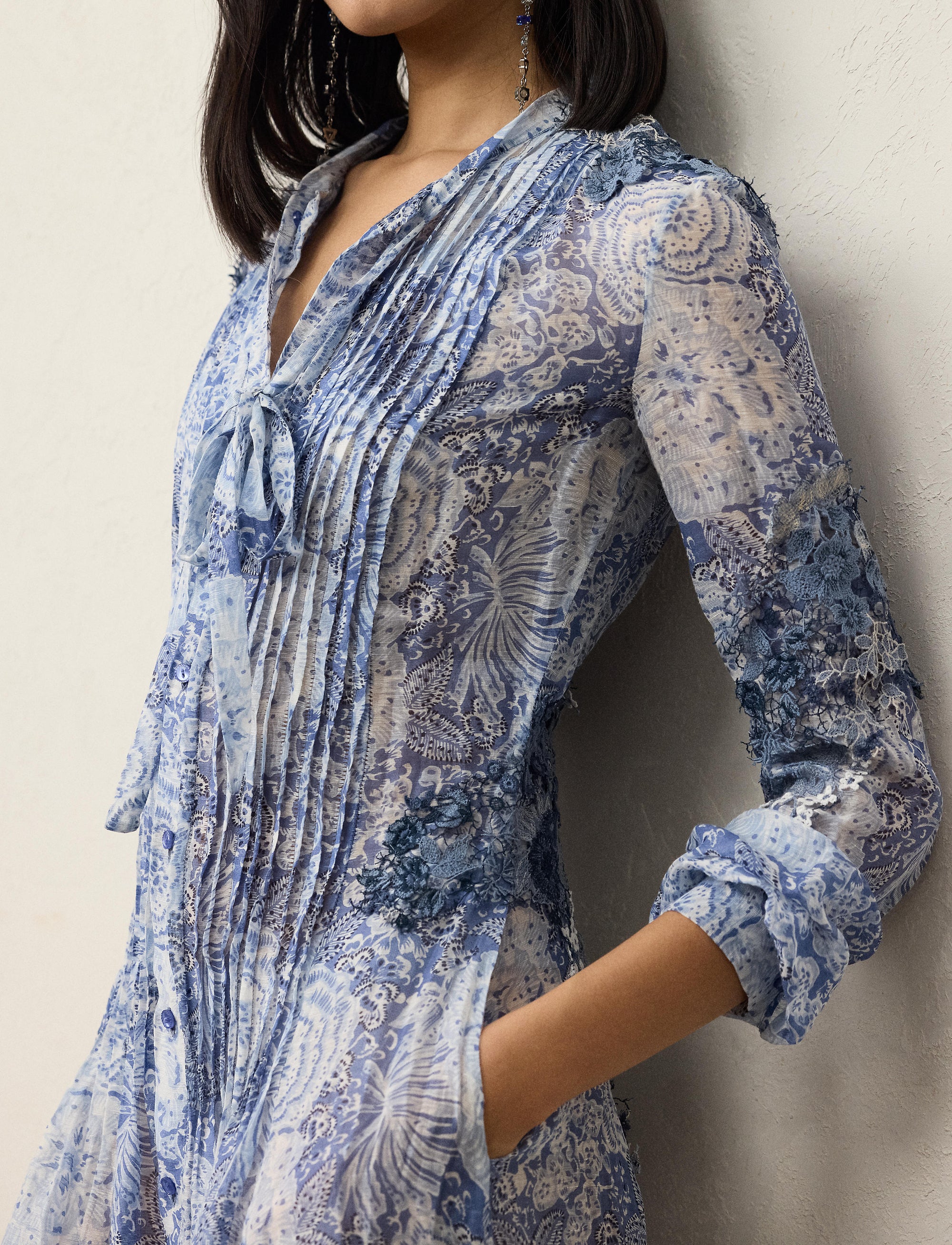 Robe Hannes à motif en gaze de lin et soie mélangé - Blue & Multicolore