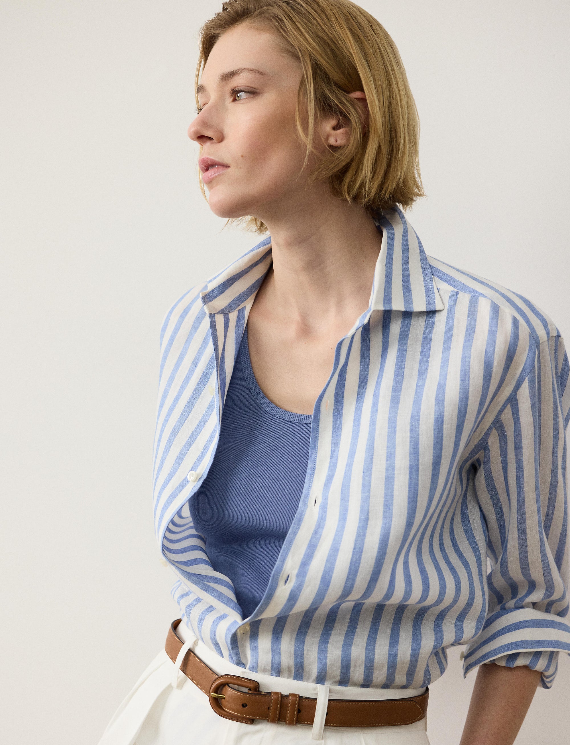 Chemise Capri Relaxed Fit en lin rayé - Cream & Cornflower