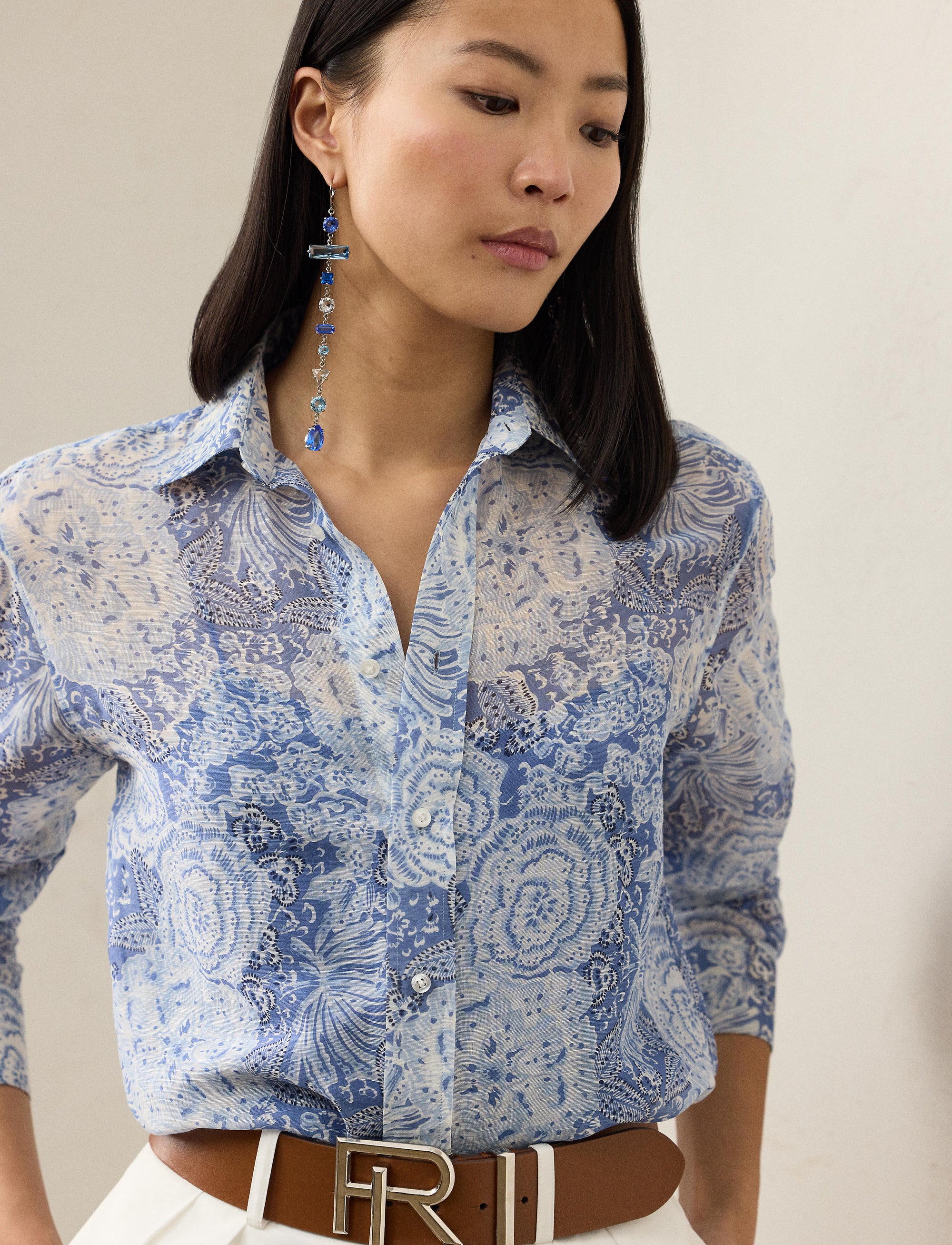 Chemise Adrien motif Relaxed Fit en lin et soie mélangé - Blue & Multicolore