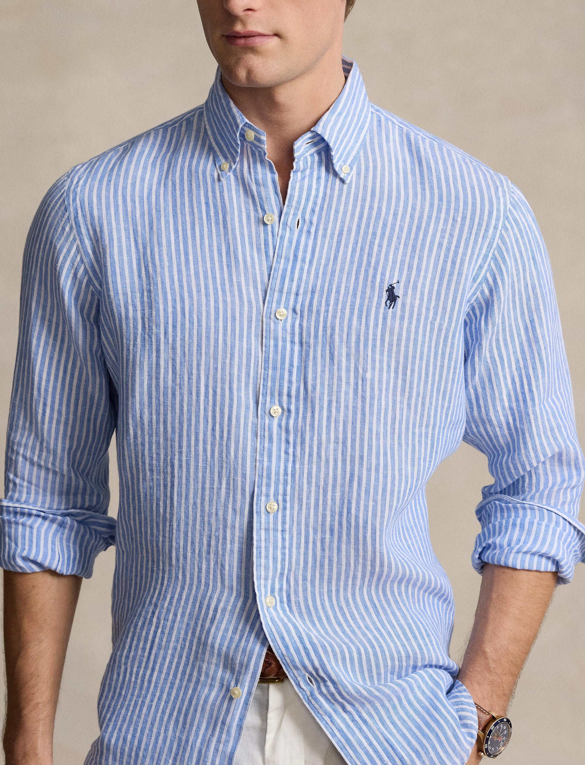Chemise rayée Custom Fit en lin - Blue & White