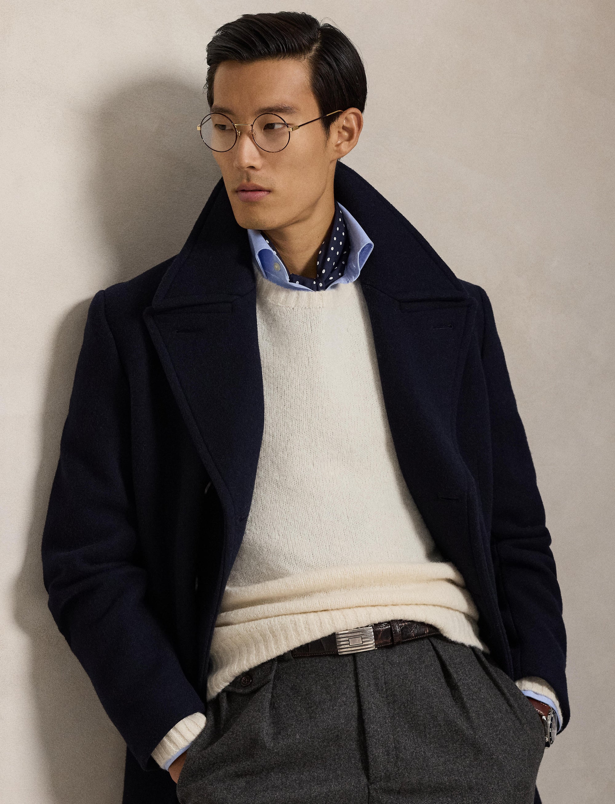 Pull col rond texturé en laine - Cream Tonal Pp