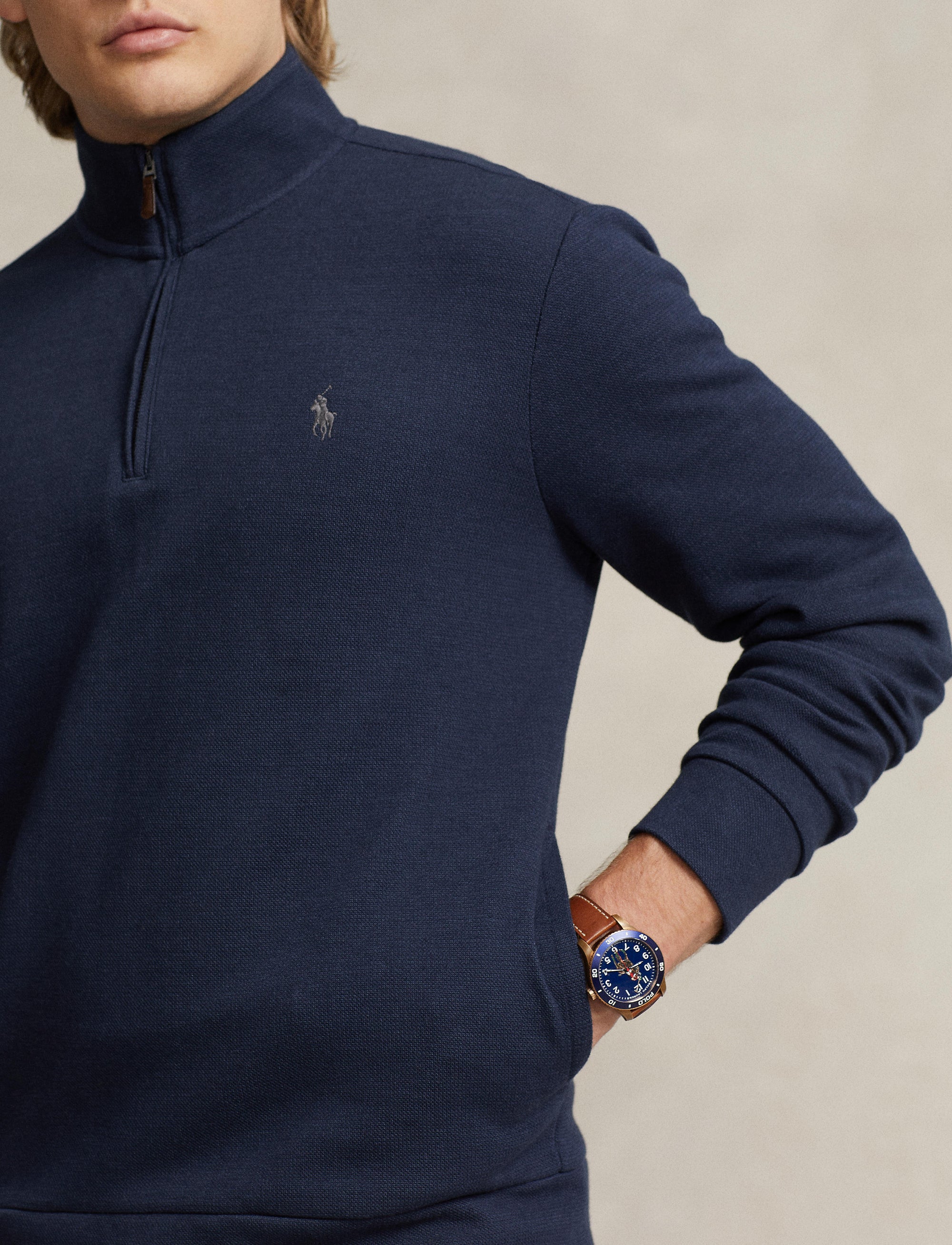 Pull demi-zippé à maille double en piqué - Aviator Navy