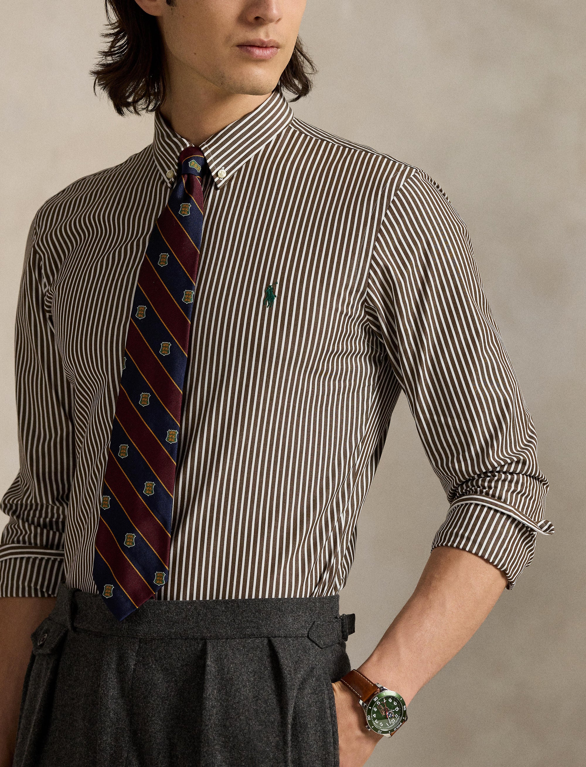 Chemise rayée Custom Fit popeline - Copper Brown & White
