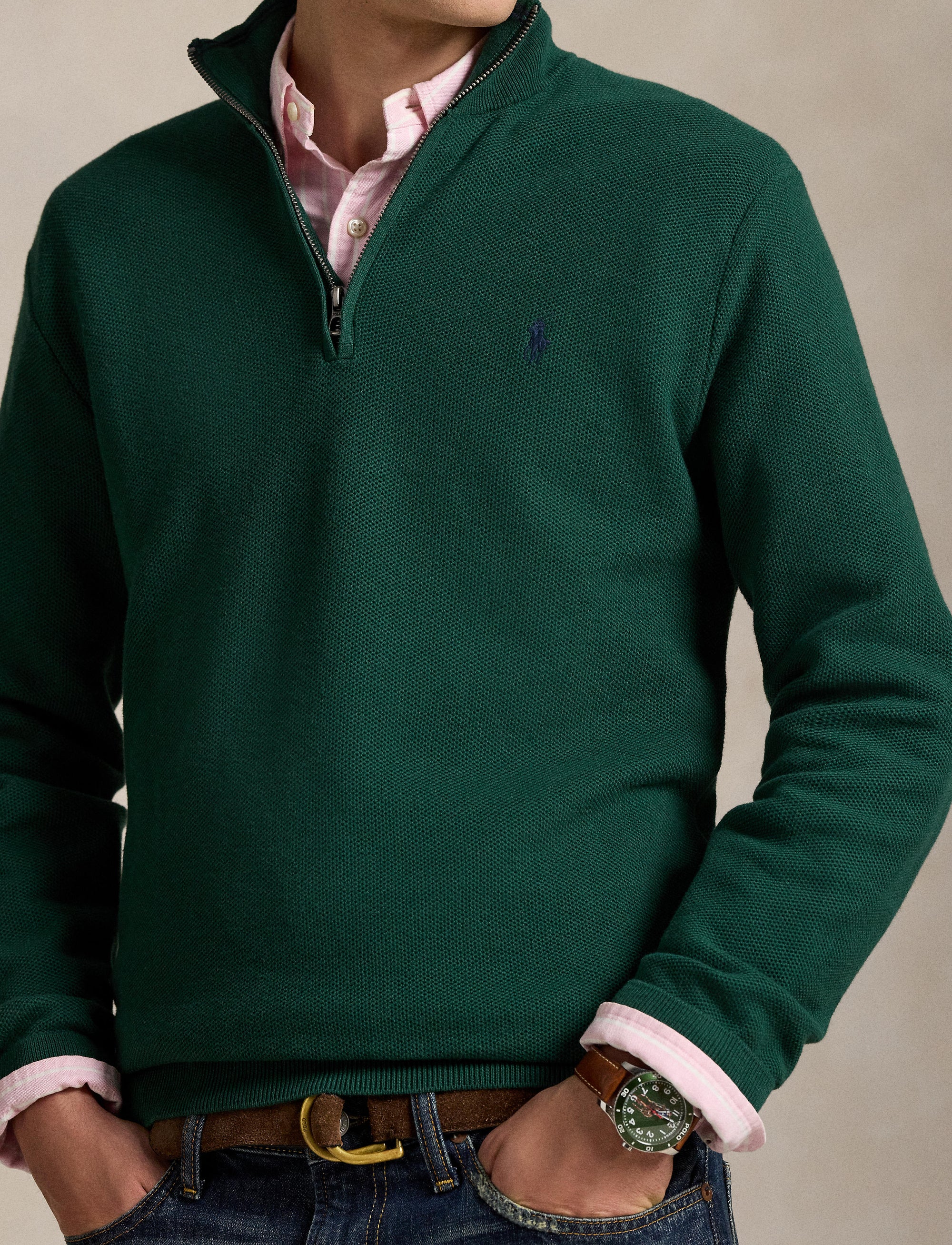 Pull demi-zippé en coton piqué - Vintage Pine