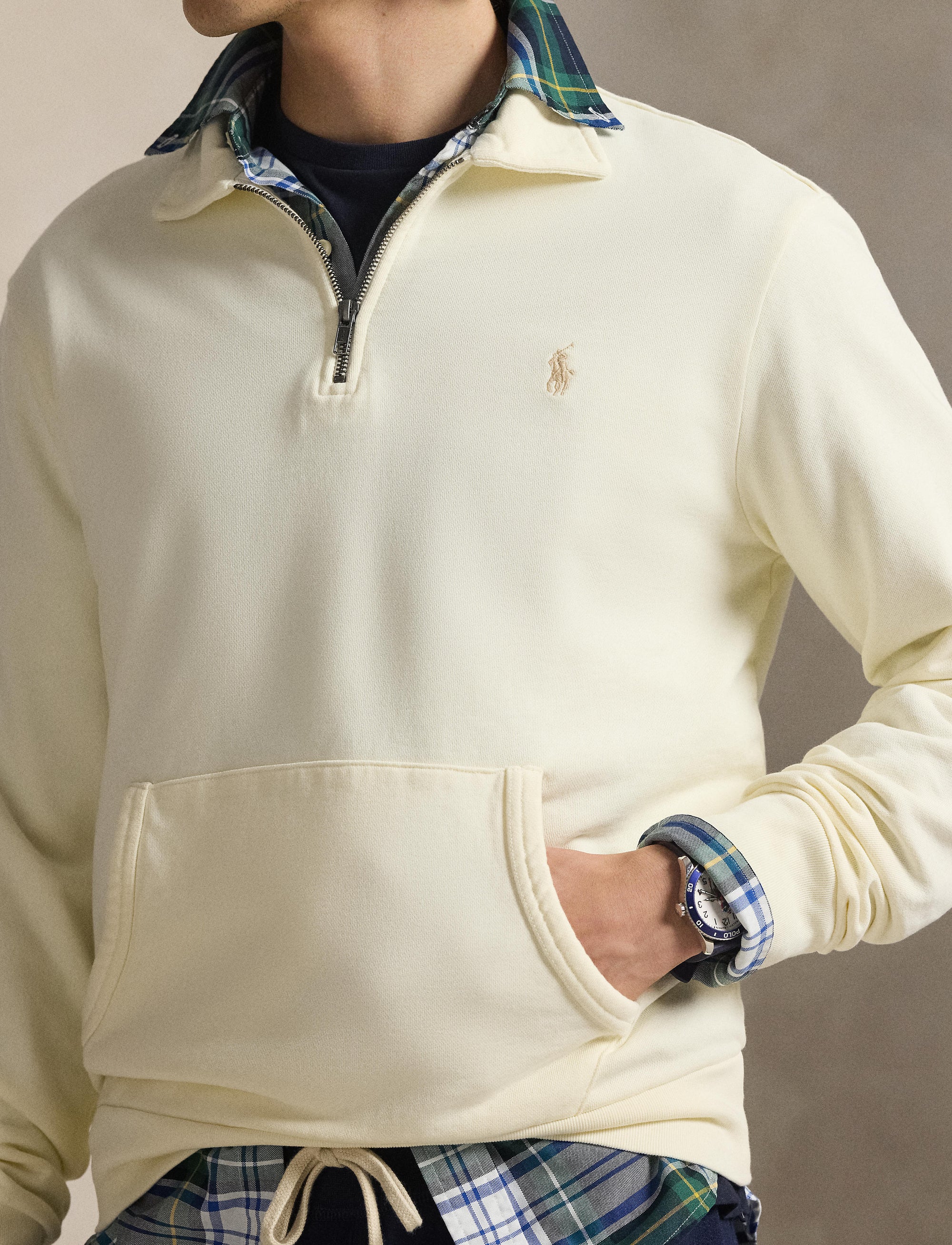 Sweat demi-zippé en coton bouclé - Clubhouse Cream