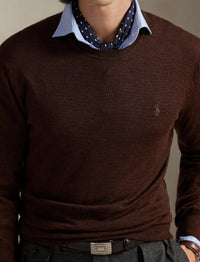 Pull col rond lavable Slim Fit en laine - Burnt Brown Melange