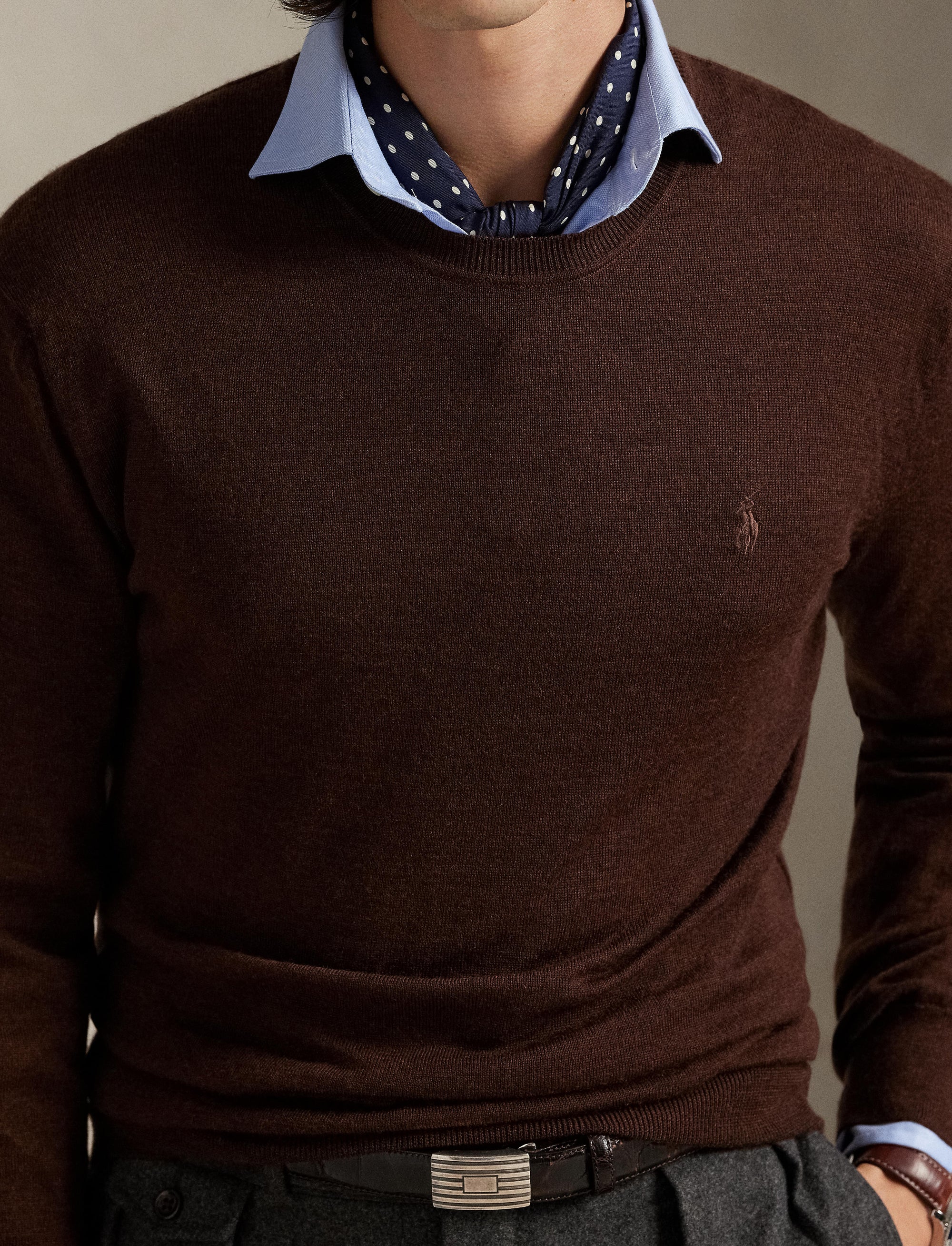 Pull col rond lavable Slim Fit en laine - Burnt Brown Melange