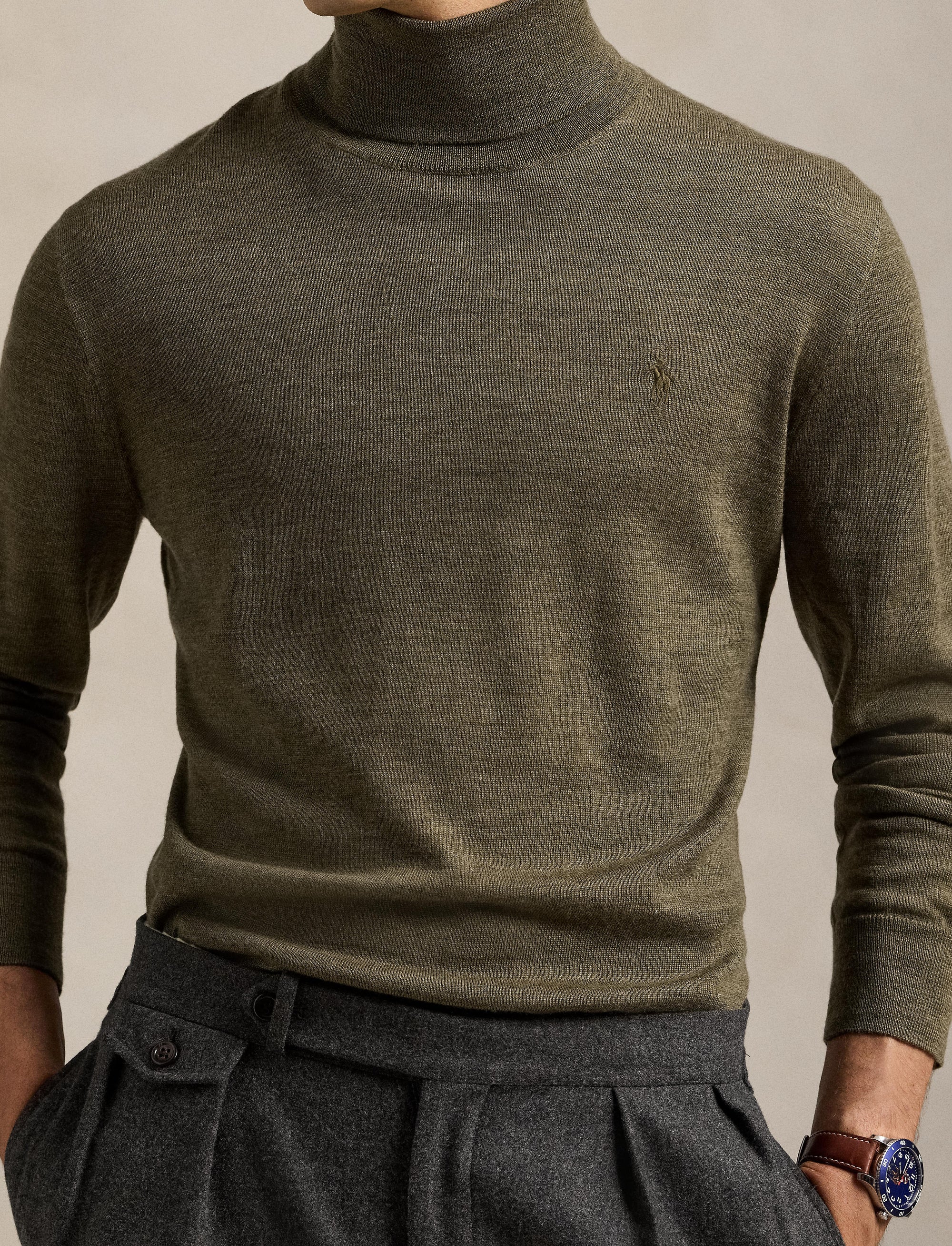 Pull à col roulé en laine lavable - Cargo Olive Heather