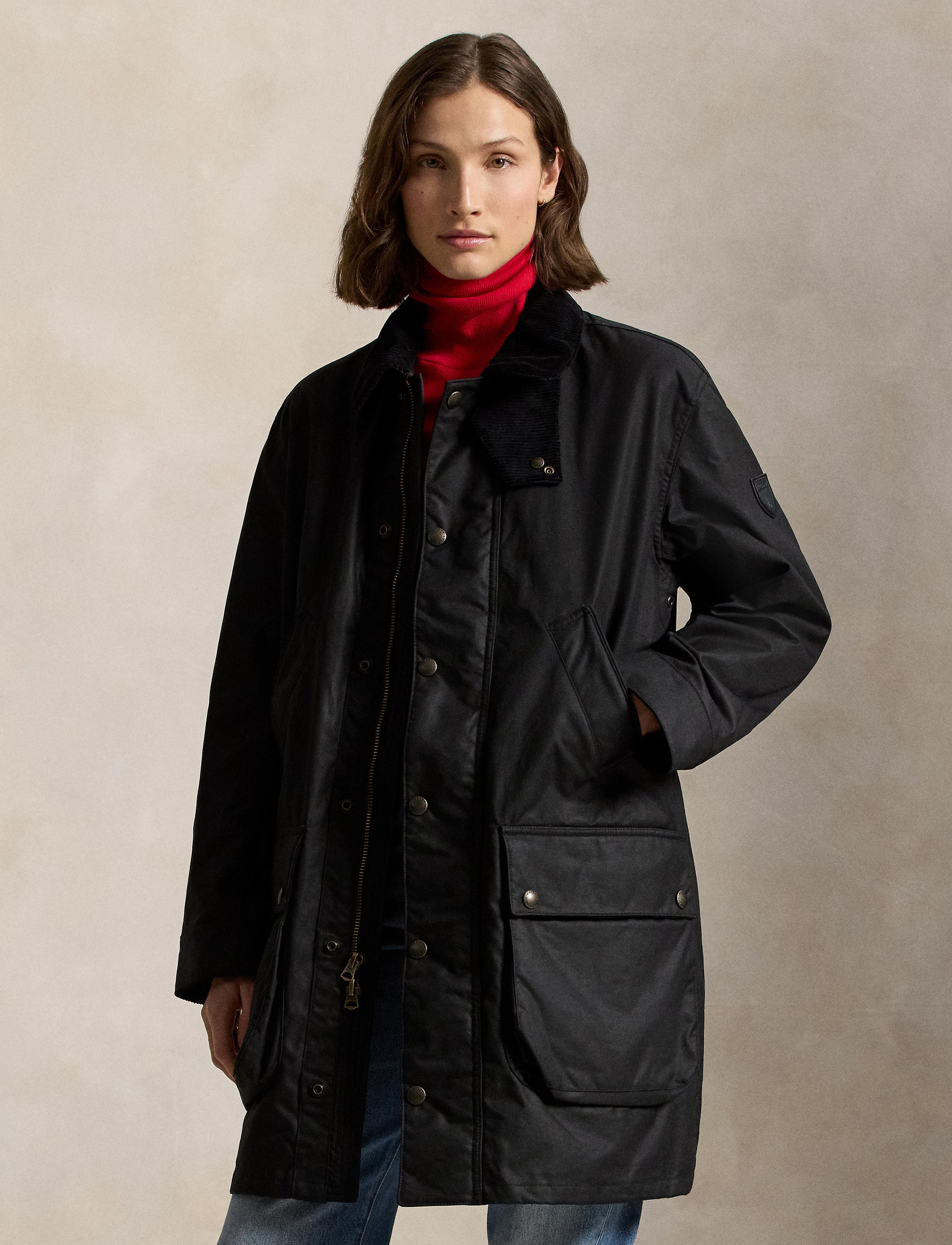 Emblematic three-quarter length waxed canvas coat - Polo Black