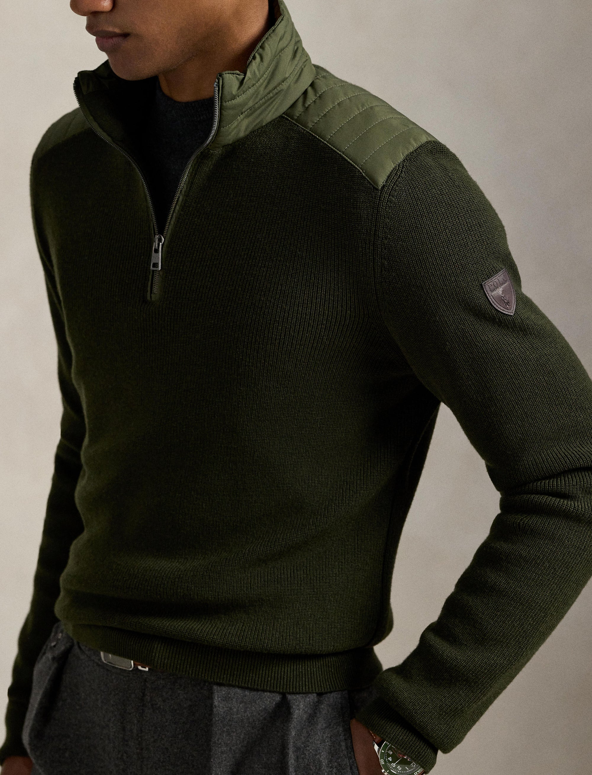 Pull demi-zippé en laine lavable - Olive Combo