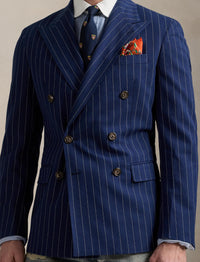 Veste de costume Polo ajustée à rayures en soie mélangée - Bright Navy & Cream