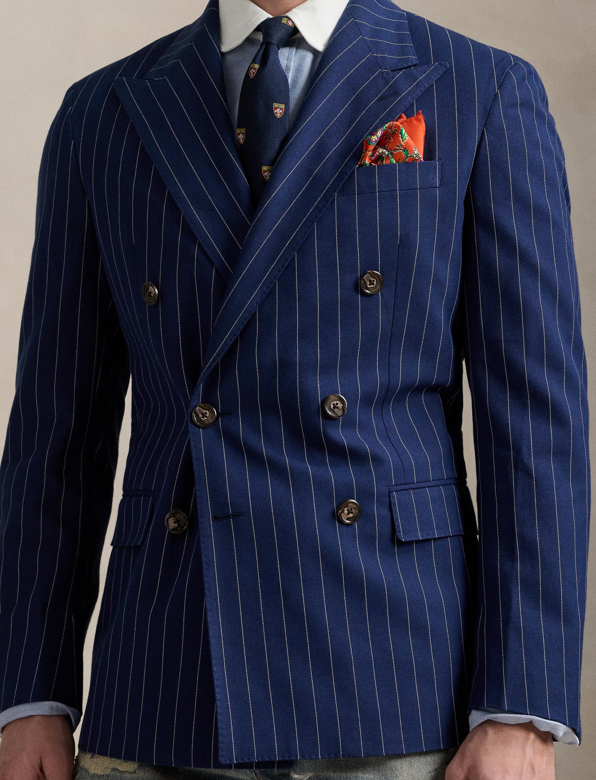 Veste de costume Polo ajustée à rayures en soie mélangée - Bright Navy & Cream
