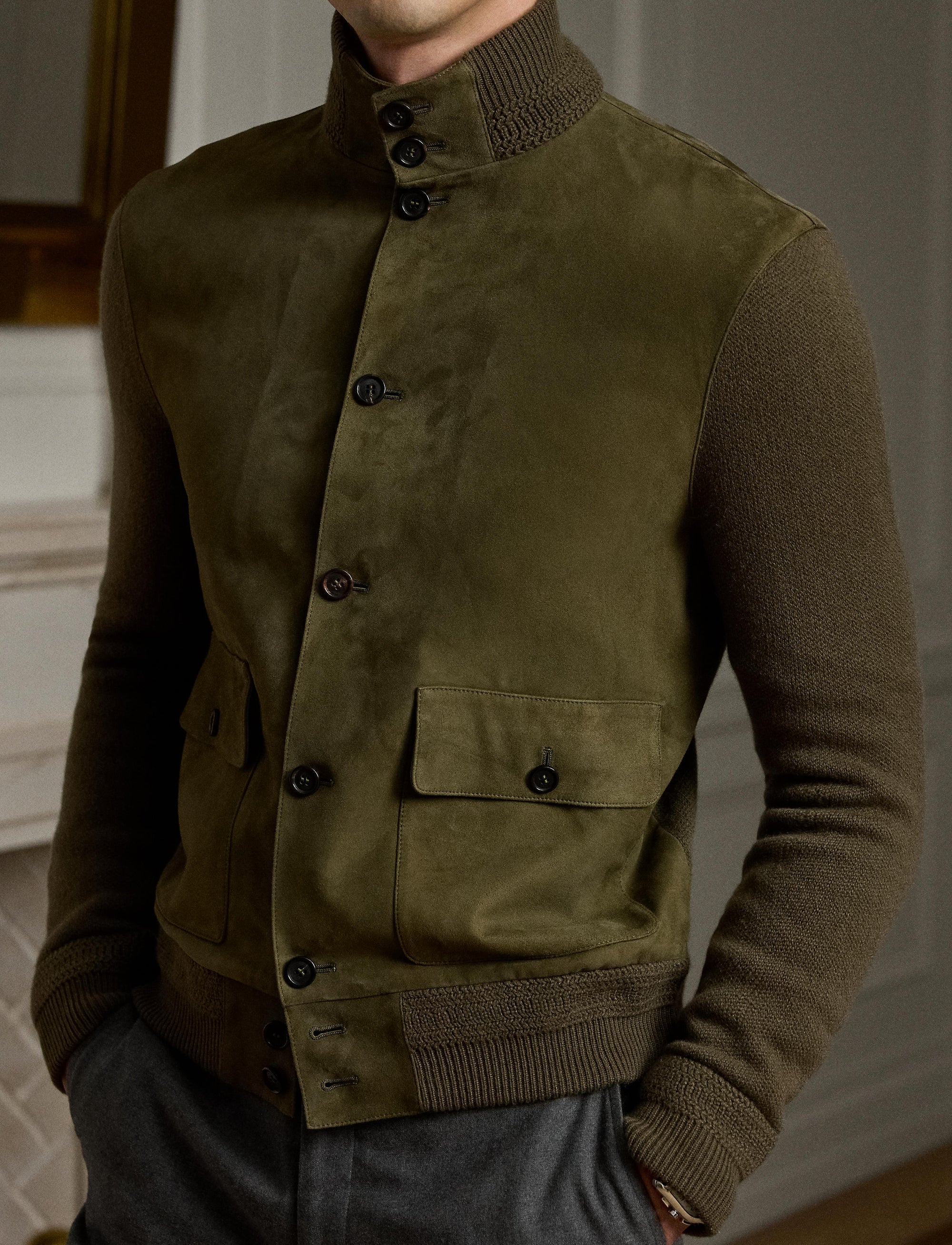 Cashmere and suede blend cardigan - Thicket Moss Melange