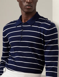Pull rayé à col polo en coton - Spring Navy &  Optic White