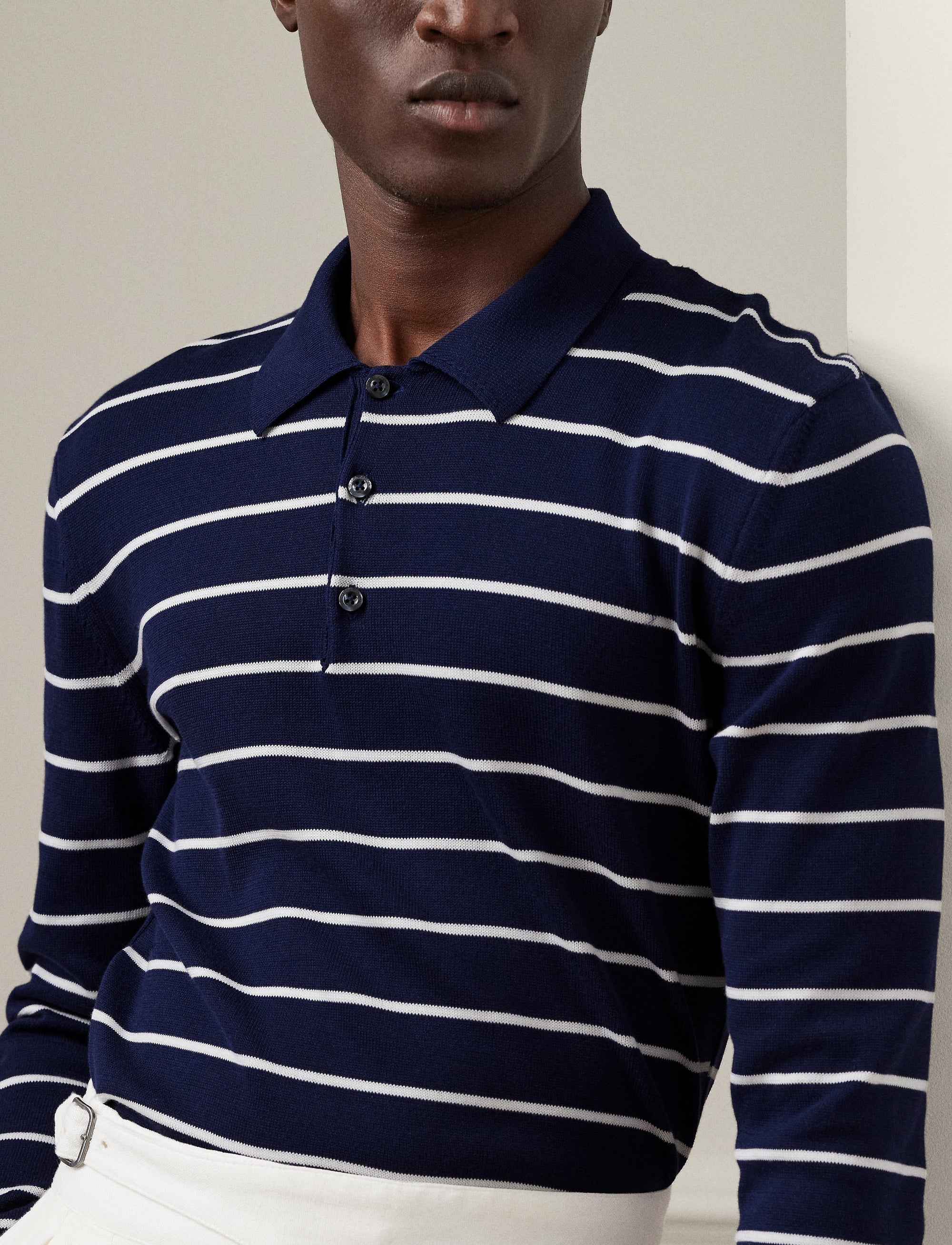 Pull rayé à col polo en coton - Spring Navy &  Optic White