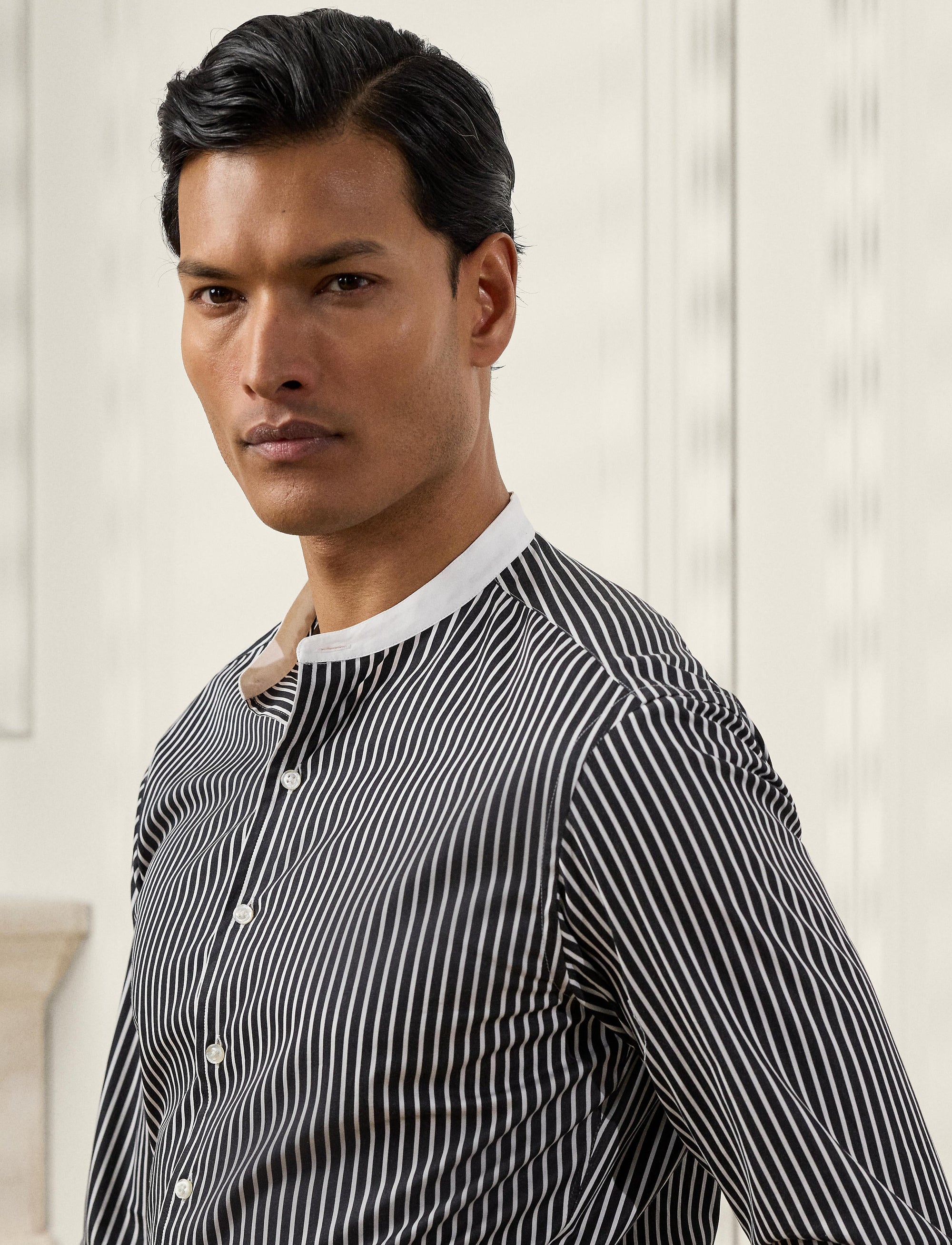 Chemise rayée col contrasté en popeline - White & Black