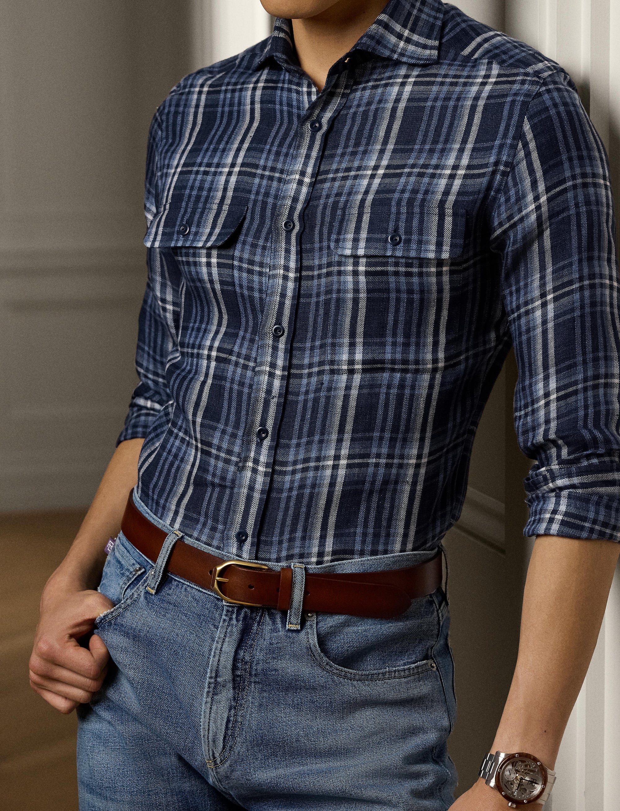 Tartan linen twill shirt - Indigo Blue