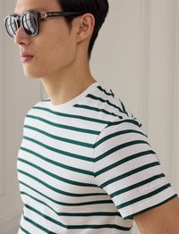 T-shirt rayé à col rond en fil d'Écosse - Classic, White & Multicolore