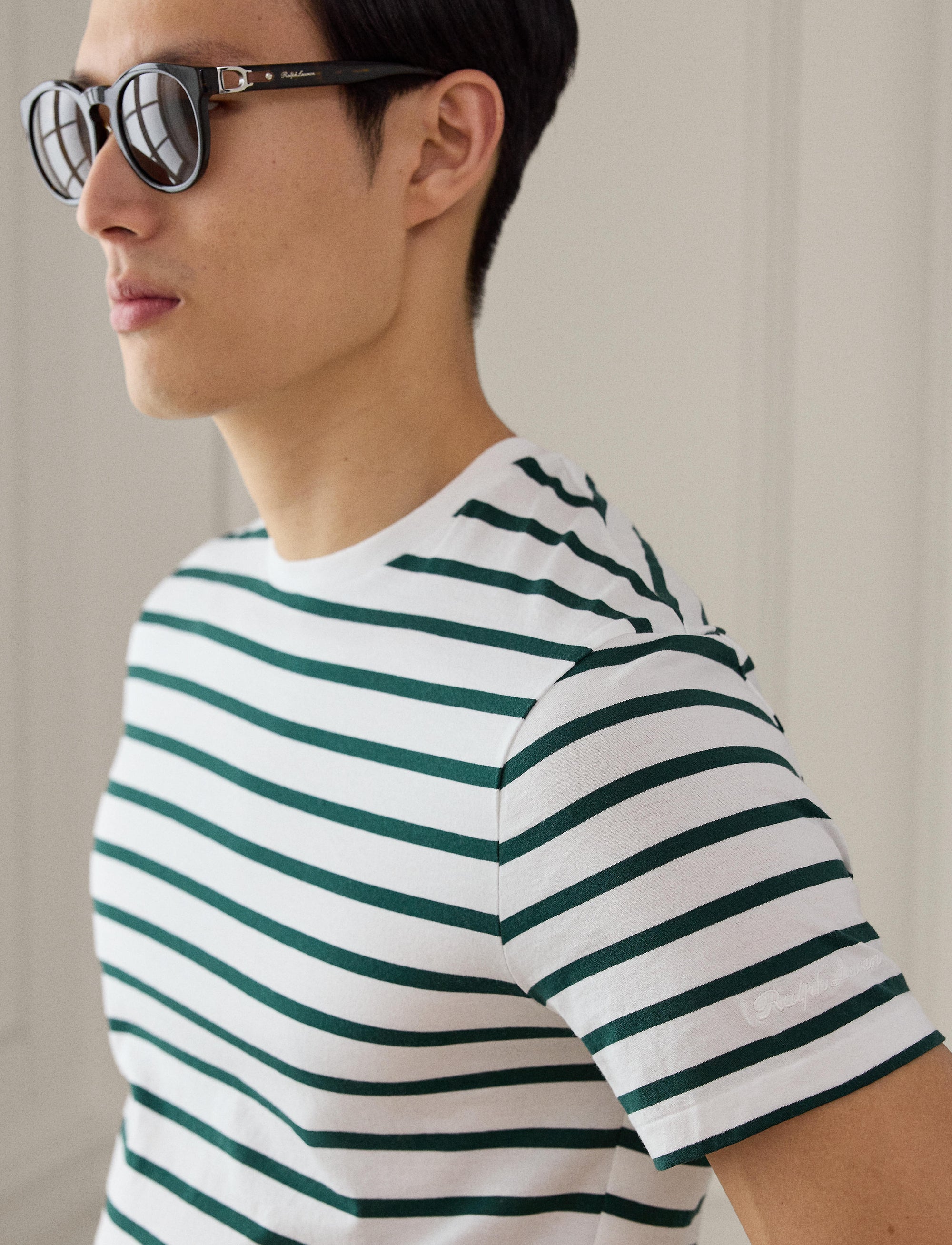 T-shirt rayé à col rond en fil d'Écosse - Classic, White & Multicolore