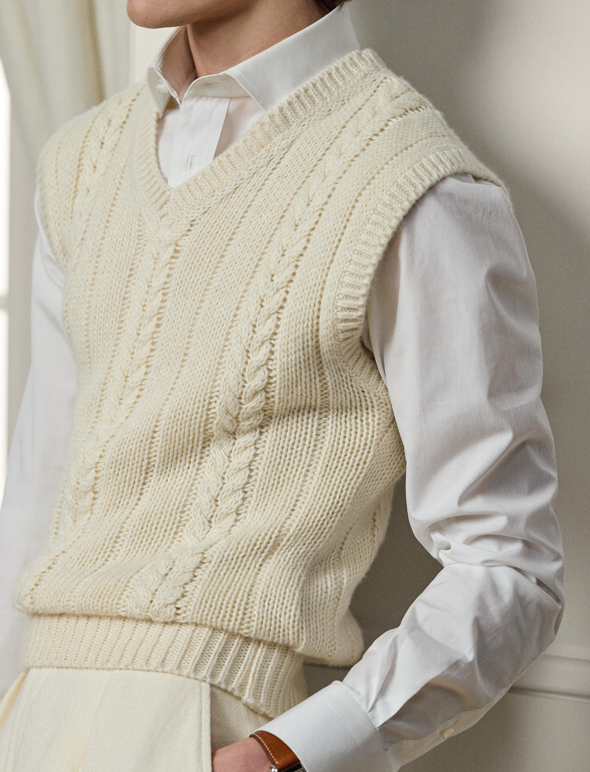 Cashmere and silk blend cable top - Limestone