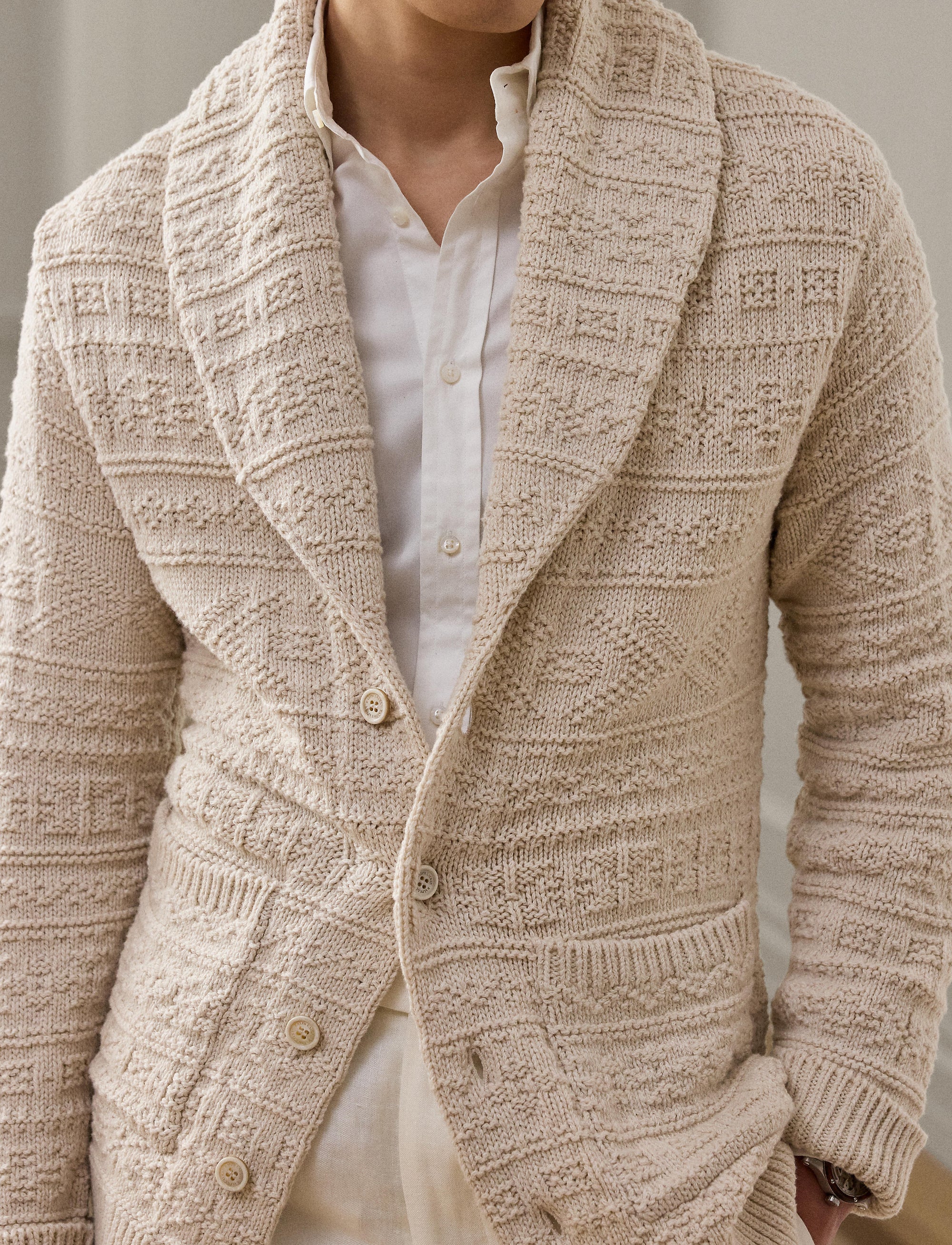 Cardigan ceinturé en coton et laine texturée - Limestone & Multicolore