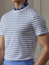T-shirt rayé à col rond en fil d'Écosse - Deckwash White & Cornflower Blue