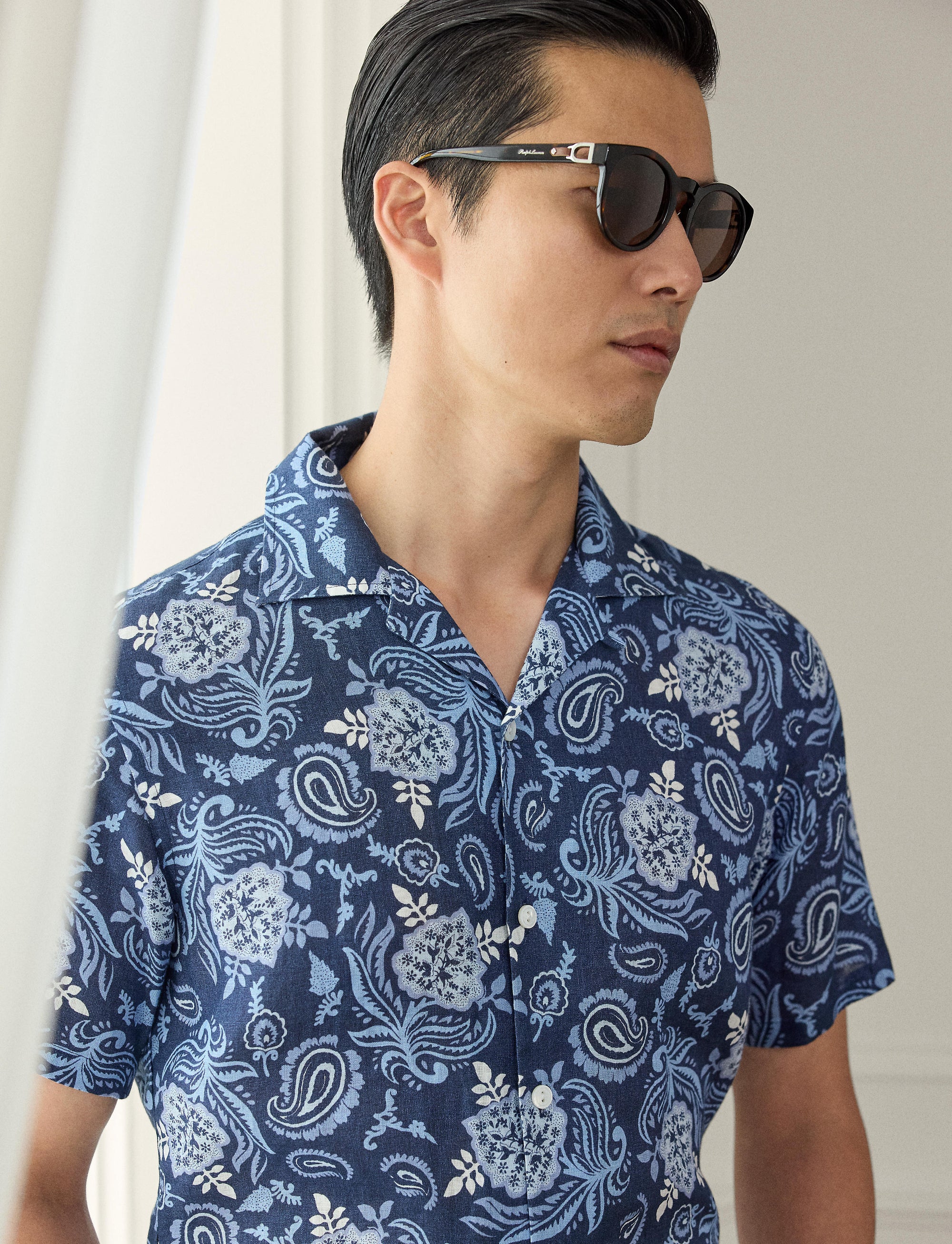 Chemise safari à motif  en lin - Navy Tonal