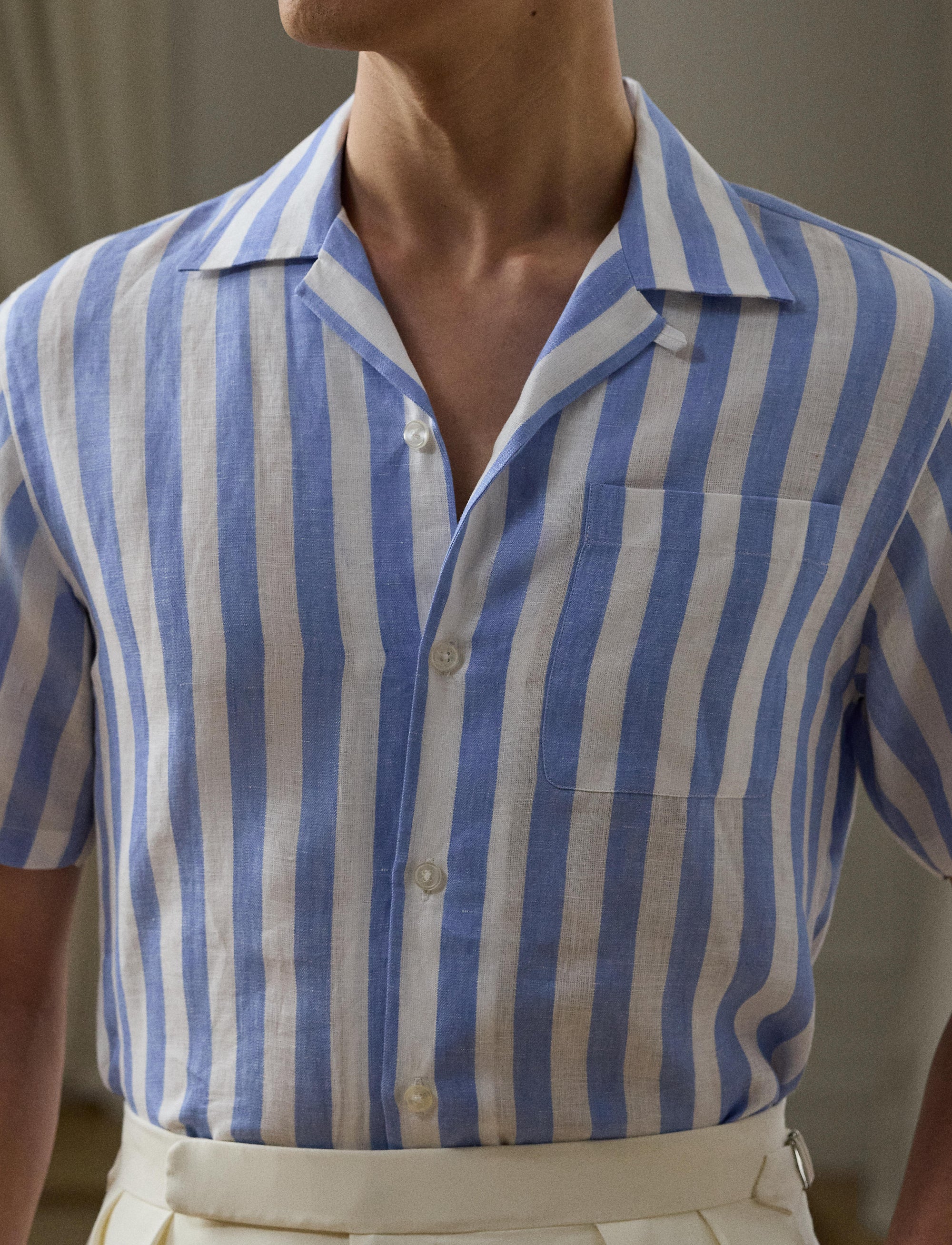 Chemise safari rayée en lin - Cornflower Blue & White