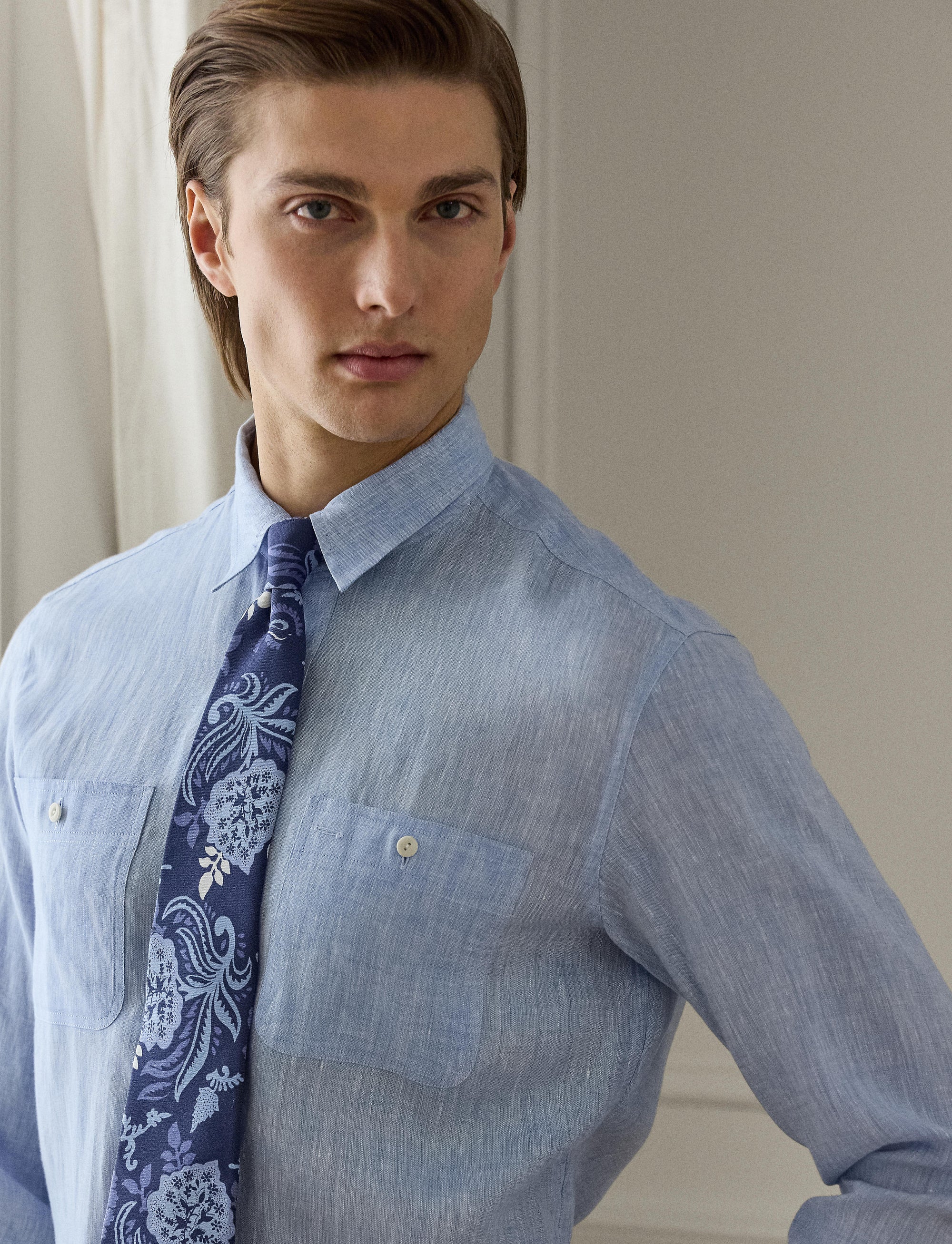 Linen and chambray shirt - Light Blue