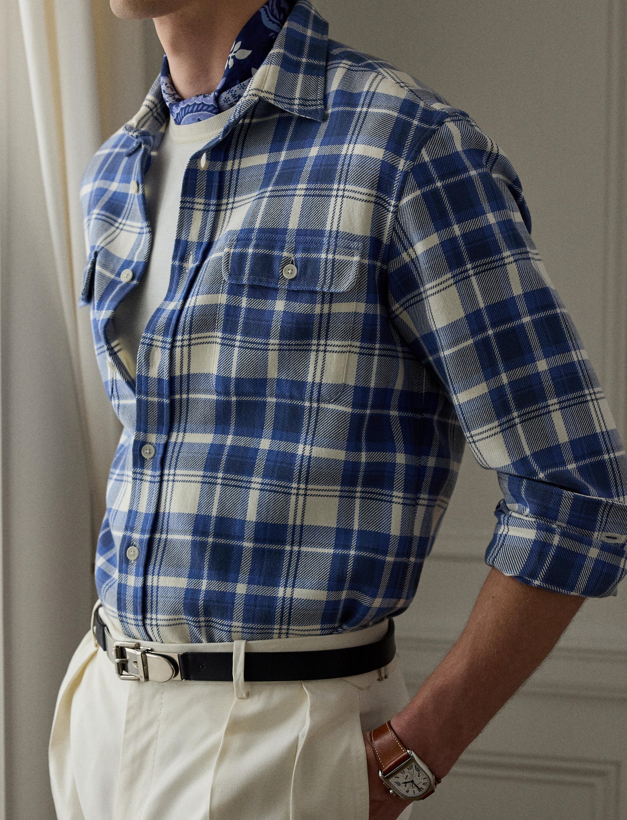 Chemise en sergé écossais - Blue & Cream