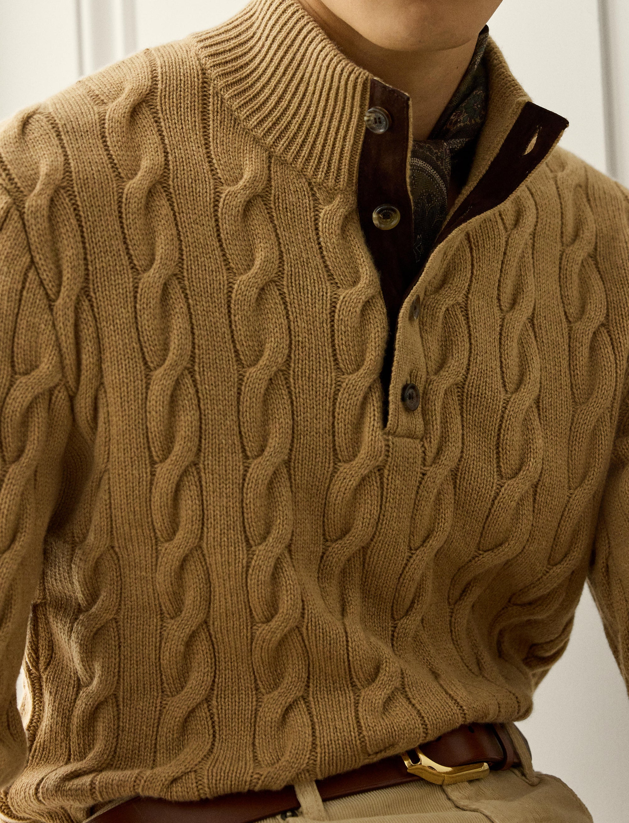 Pull torsadé à col cheminée en cachemire - Camel Melange