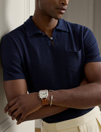 Pull texturé col polo en soie et lin mélangé - Classic Chairman Navy