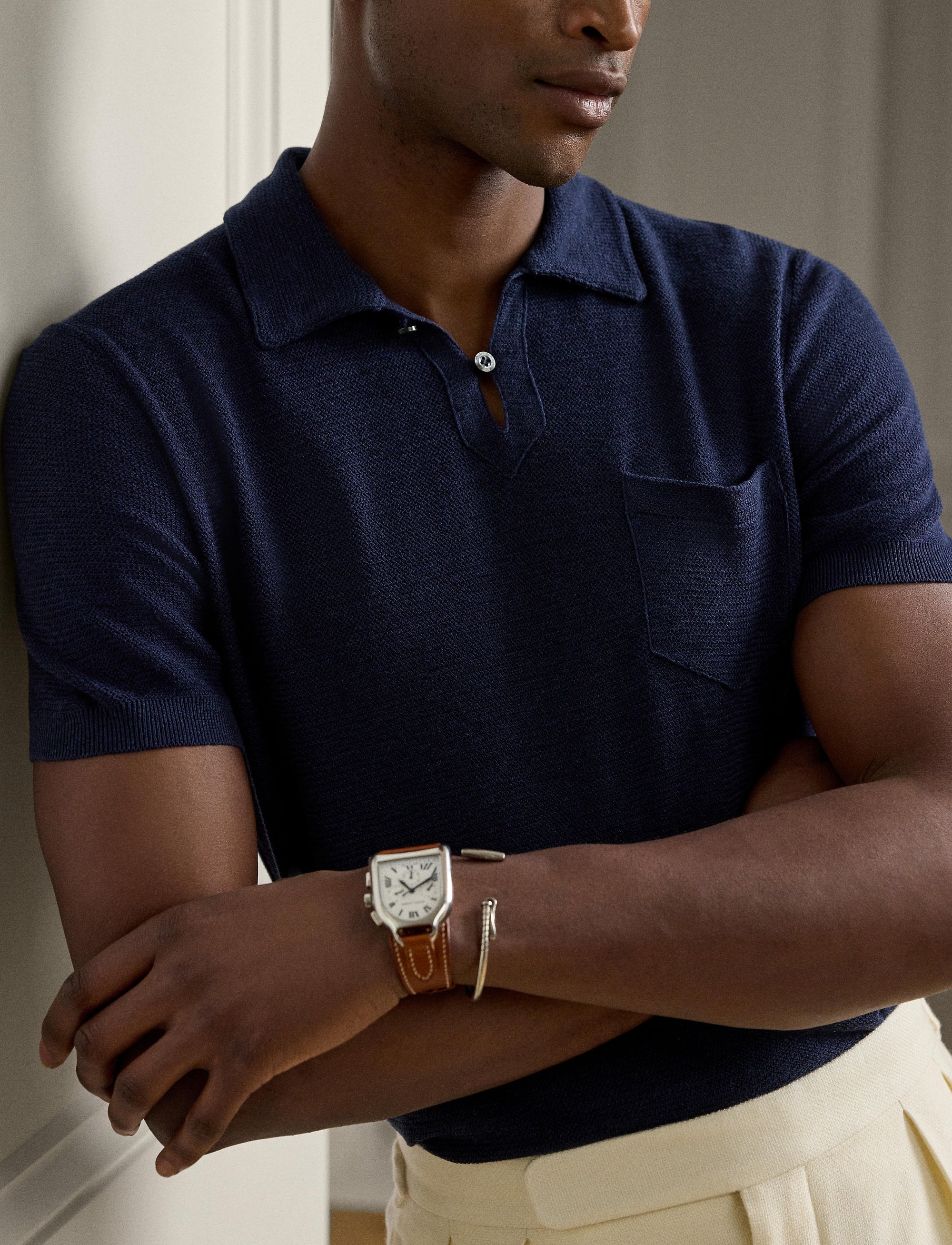 Pull texturé col polo en soie et lin mélangé - Classic Chairman Navy