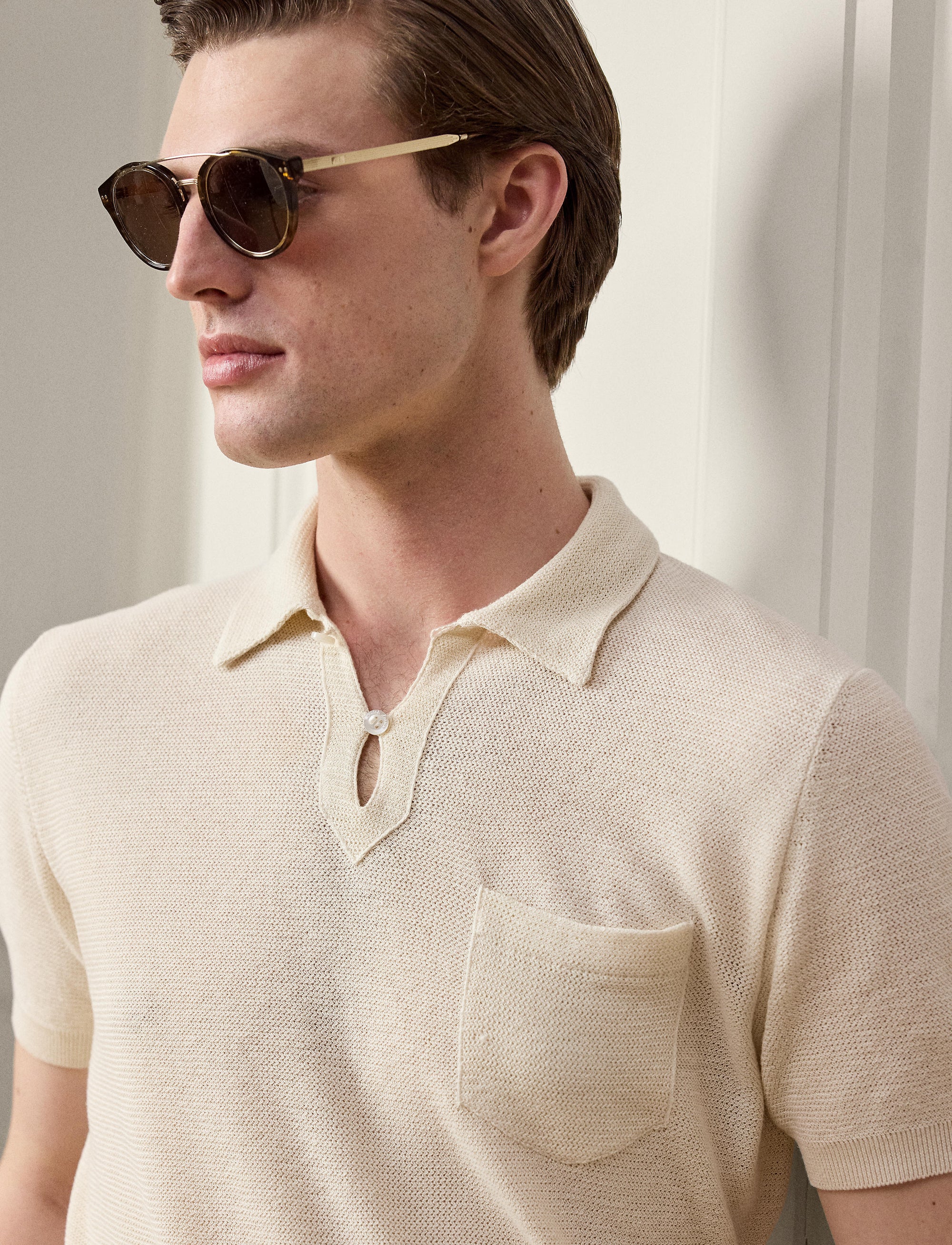 Pull texturé col polo en soie et lin mélangé - Limestone