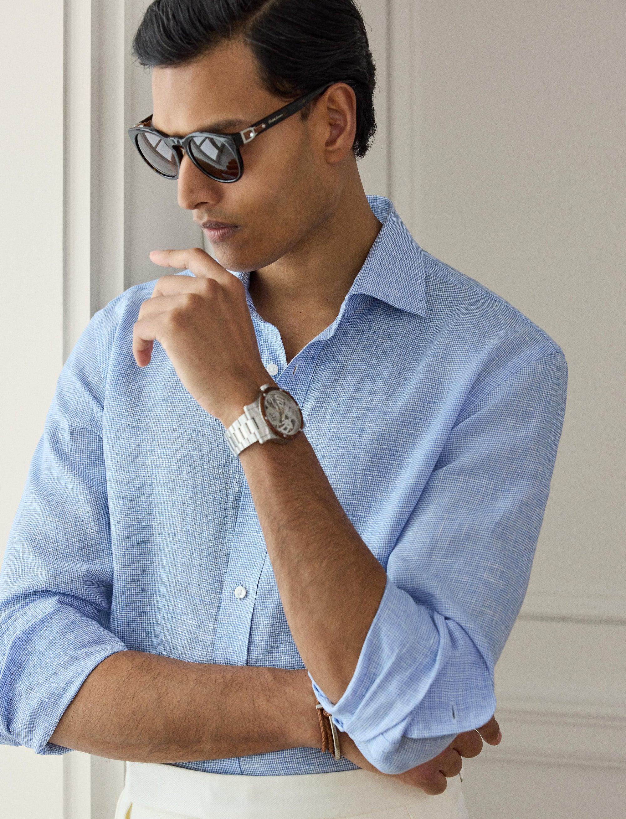 Linen micro houndstooth shirt - Cornflower Blue & White
