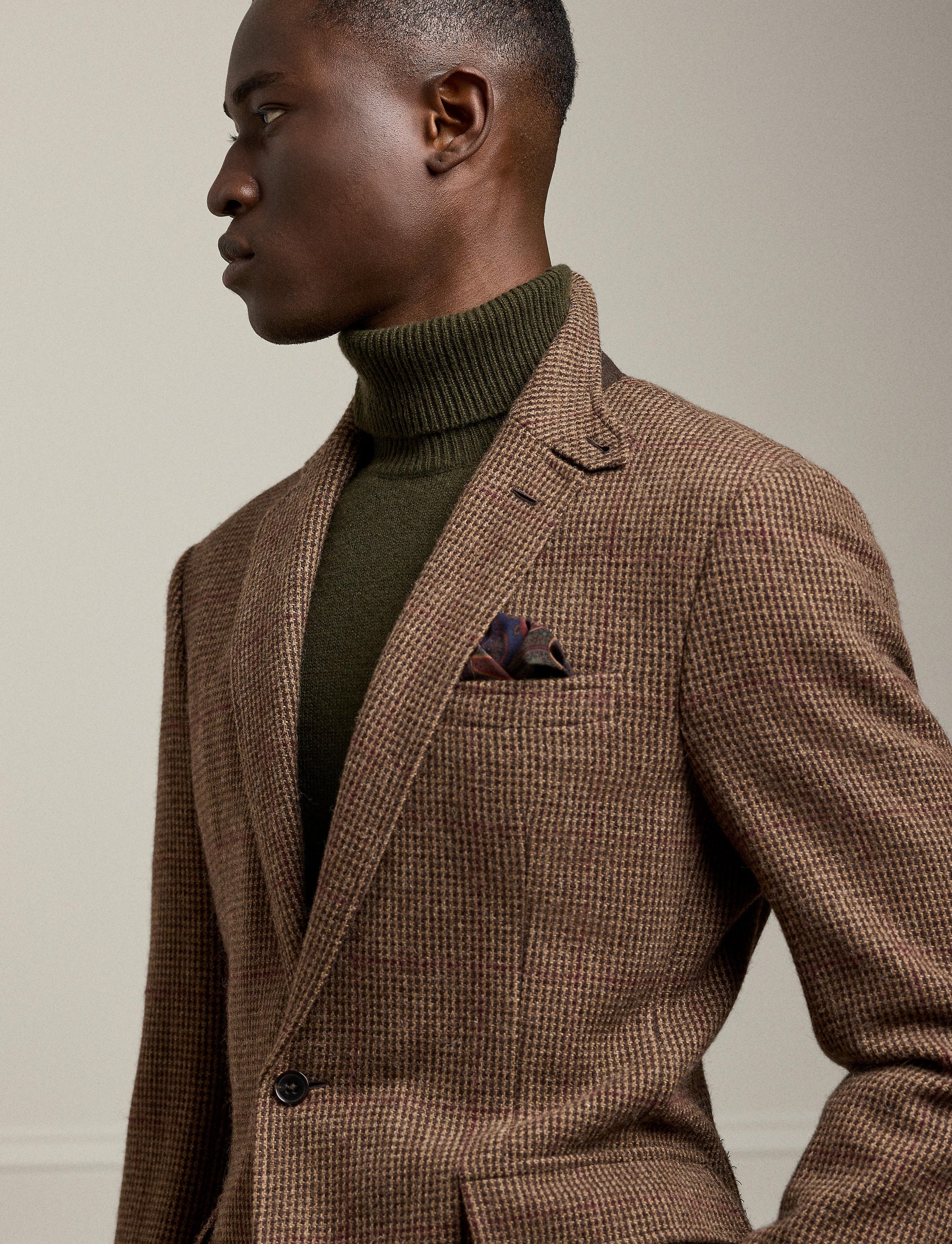 Blazer Kent pied-de-poule en cachemire et laine mélangé - Dark Brown, Multicolore With Burgundy Deco
