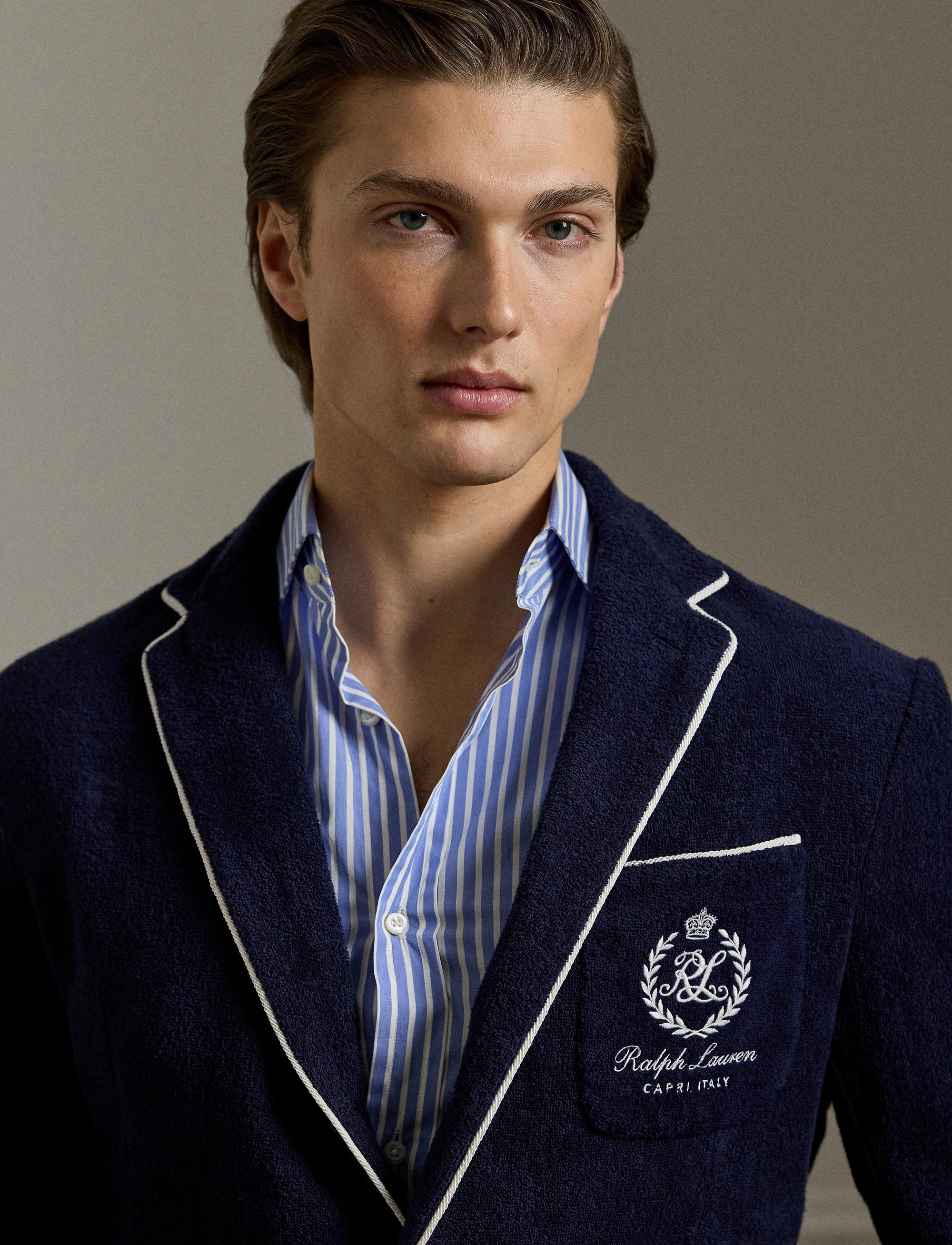 Embroidered cotton terry blazer - Classic Chairman Navy