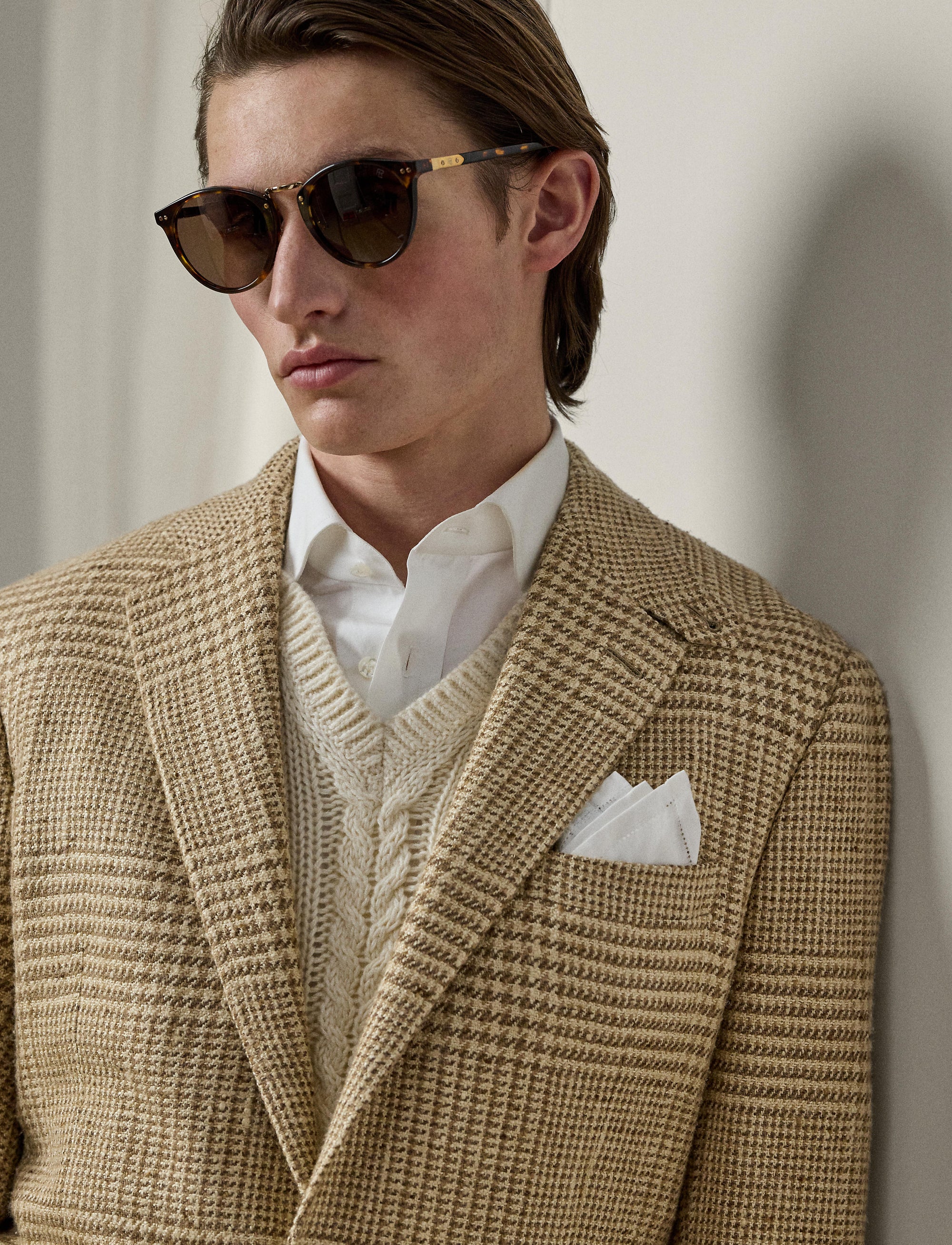 Veste Kent prince-de-galles en soie - Tan & Cream